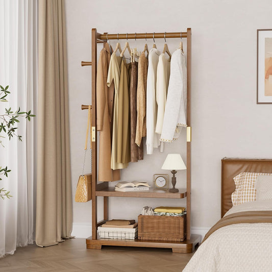 Solid Wood Clothes Rack with 2 Shelves & 4 Hooks for Hanging Clothes Garment Wallets Hats, Clothing Rack Heavy Duty Coat Rack Freestanding with Storage Hall Tree for Hallway Bedroom Living Room