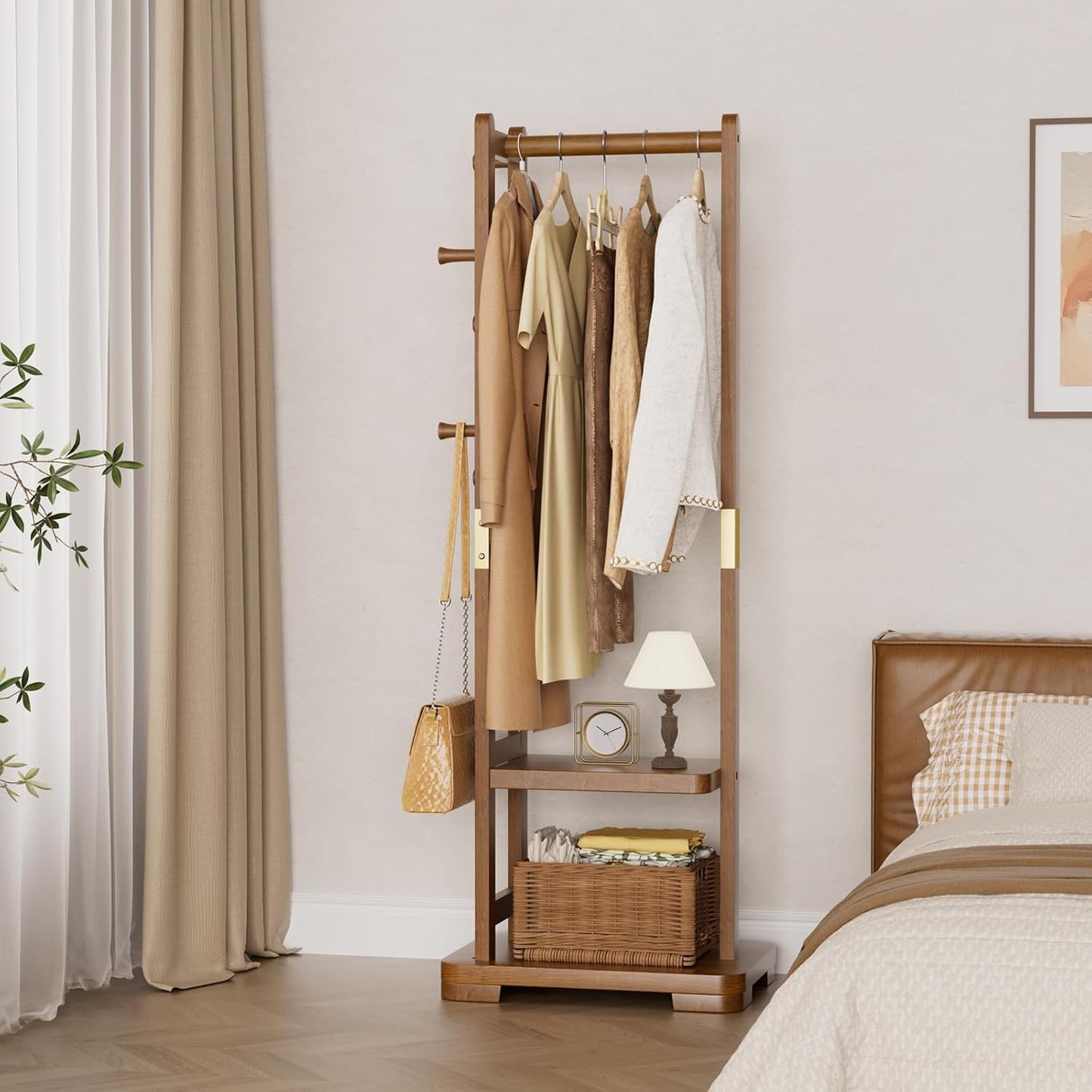 Solid Wood Clothes Rack with 2 Shelves & 4 Hooks for Hanging Clothes Garment Wallets Hats, Clothing Rack Heavy Duty Coat Rack Freestanding with Storage Hall Tree for Hallway Bedroom Living Room