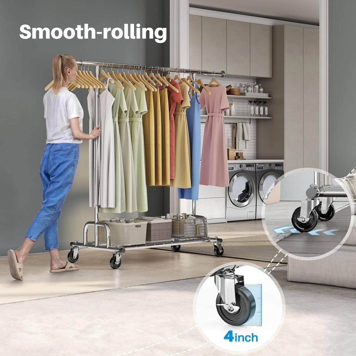 HOKEEPER Clothing Garment Rack Capacity 525LBS Clothing Racks on Wheels Rolling Clothes Rack for Hanging Clothes Heavy Duty Collapsible Commercial