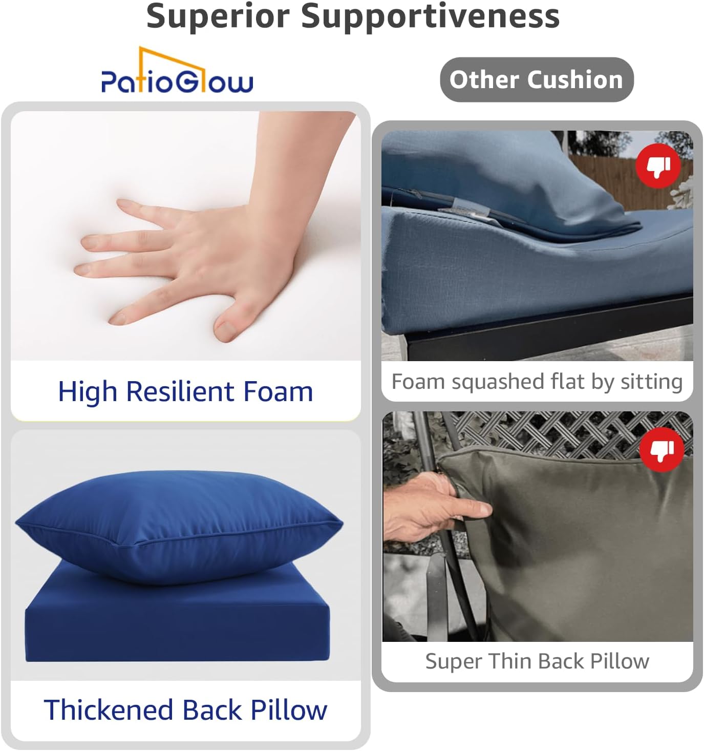 Outdoor Seat Cushion Set 24 x 24 x 4 Inch, Waterproof & Fade Resistant Patio Furniture Cushions with Removable Cover and Ties, Thick Deep Seating Pads for Outside Chair Sofa Couch, Blue