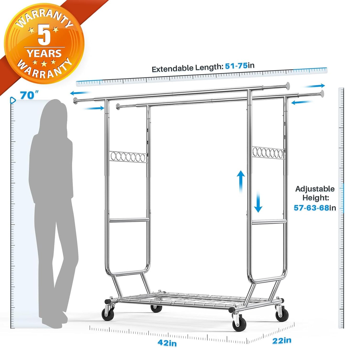 HOKEEPER Clothes Rack Heavy Duty Clothing Rack Load 650 LBS Collapsible Garment Rack with Wheels Double Rod Clothes Rack for Hanging Clothes Commercial Portable Closet Rack with Shelves 22"D*75"W*68"H