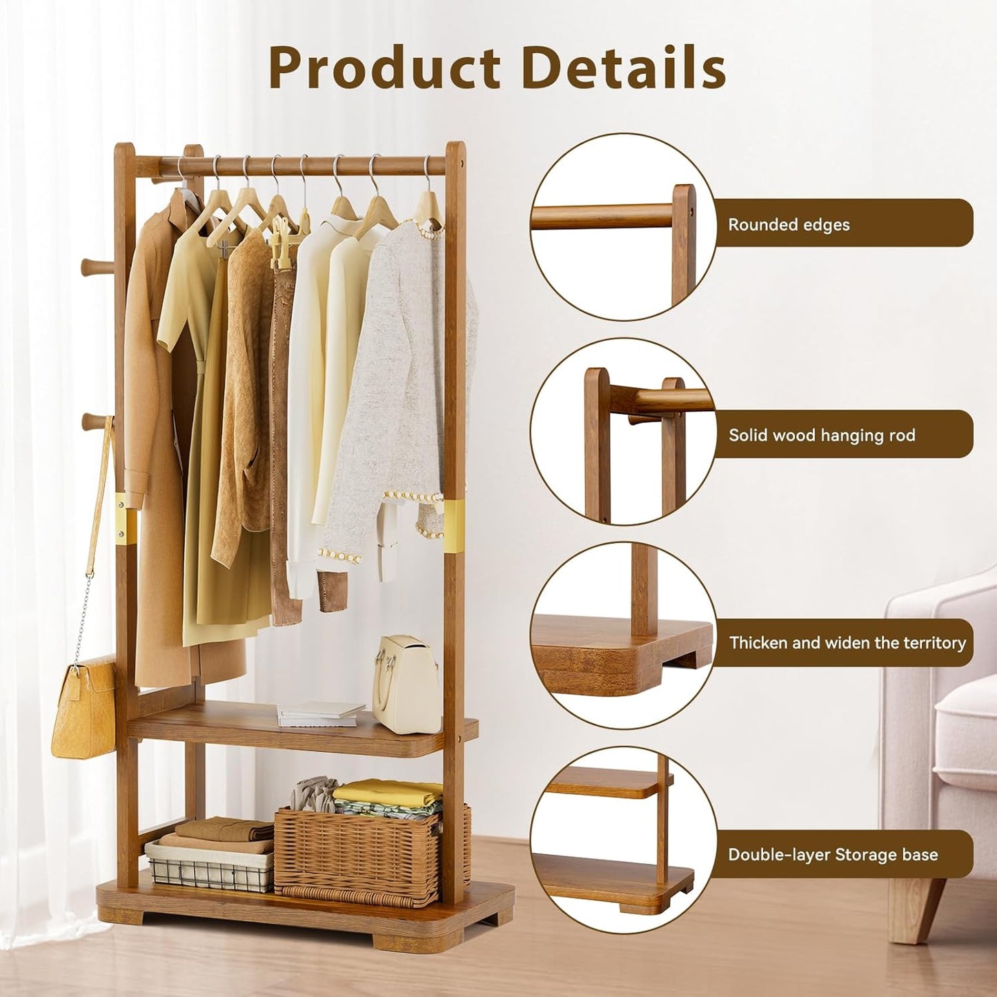 Solid Wood Clothes Rack with 2 Shelves & 4 Hooks for Hanging Clothes Garment Wallets Hats, Clothing Rack Heavy Duty Coat Rack Freestanding with Storage Hall Tree for Hallway Bedroom Living Room