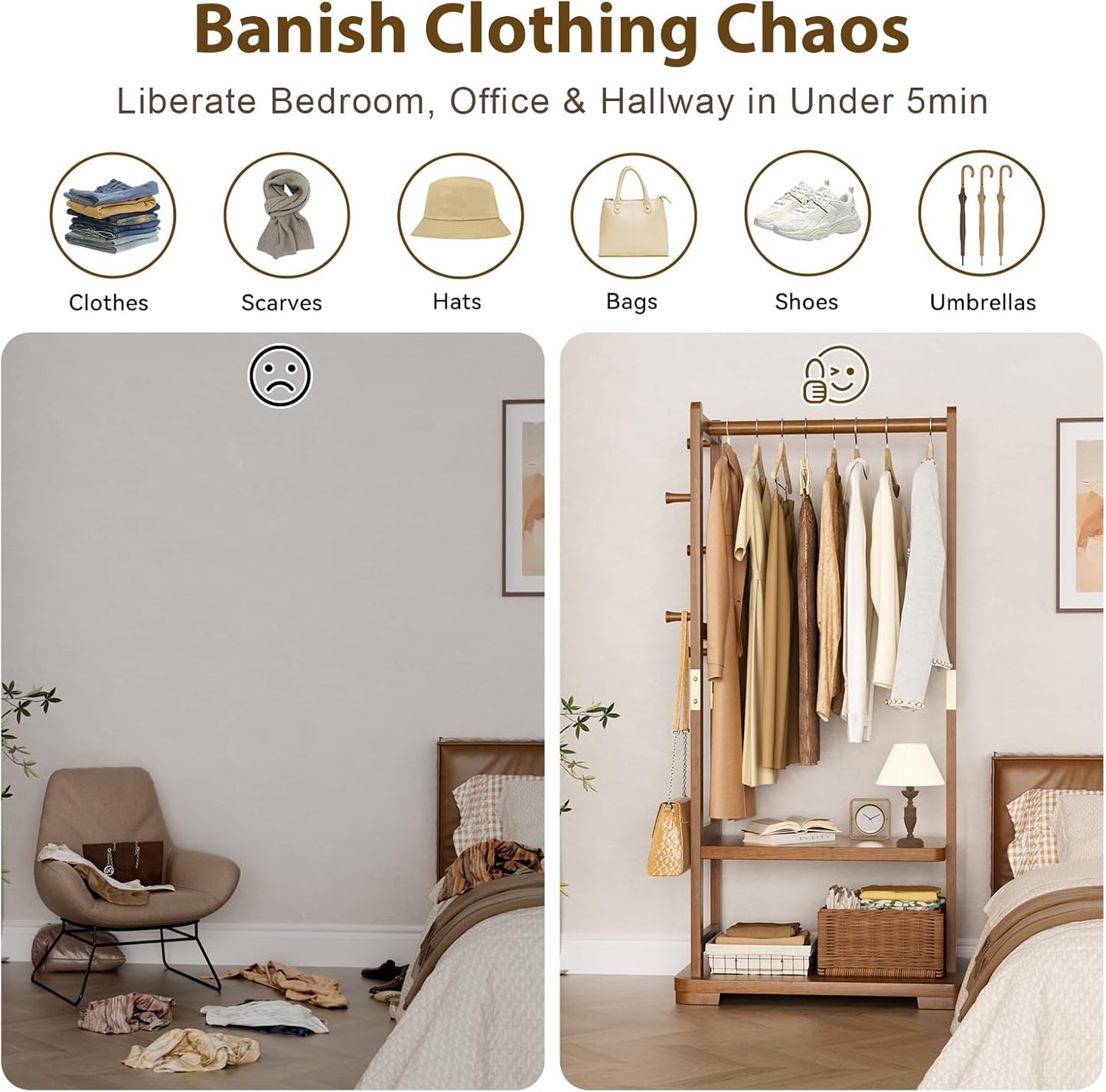 Solid Wood Clothes Rack with 2 Shelves & 4 Hooks for Hanging Clothes Garment Wallets Hats, Clothing Rack Heavy Duty Coat Rack Freestanding with Storage Hall Tree for Hallway Bedroom Living Room