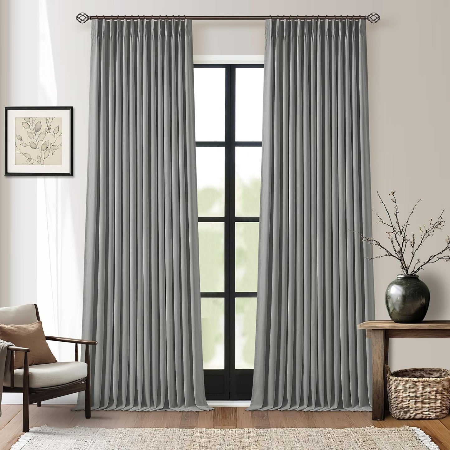 Cream Short Linen Curtains for Small Window 2 Panel Set Kitchen Curtains 45 Inch Length Pinch Pleated Back Tab 100% Blackout Natural Linen Room Darkening Thermal Insulated Drapes for Cafe Bathroom