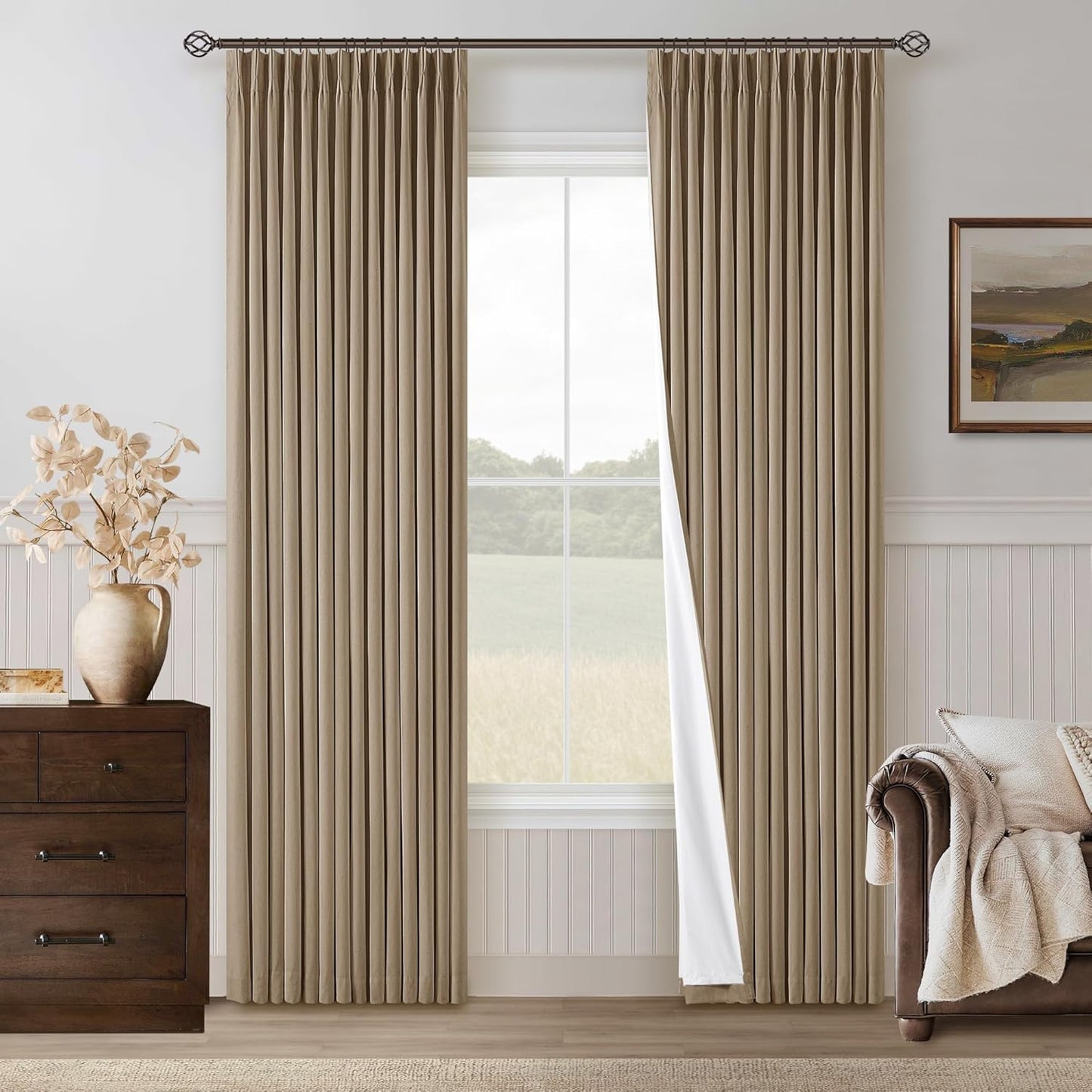 Cream Short Linen Curtains for Small Window 2 Panel Set Kitchen Curtains 45 Inch Length Pinch Pleated Back Tab 100% Blackout Natural Linen Room Darkening Thermal Insulated Drapes for Cafe Bathroom