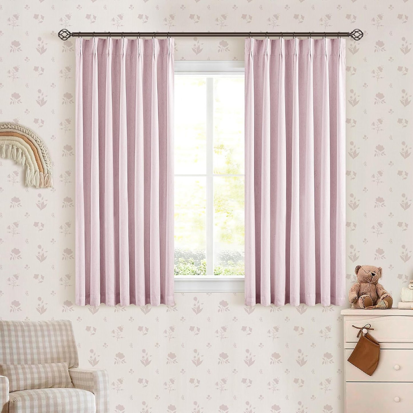 Cream Short Linen Curtains for Small Window 2 Panel Set Kitchen Curtains 45 Inch Length Pinch Pleated Back Tab 100% Blackout Natural Linen Room Darkening Thermal Insulated Drapes for Cafe Bathroom