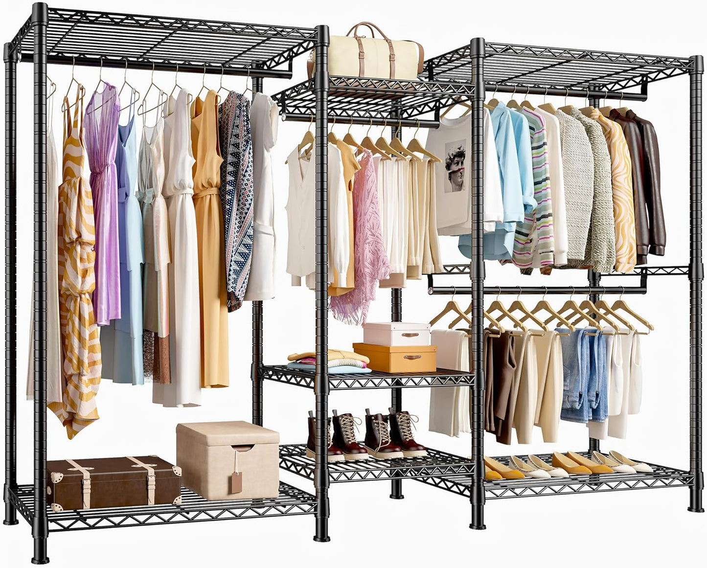 Raybee Clothes Rack Heavy Duty Clothing Racks for Hanging Clothes Loads 1100LBS, Garment Rack Freestanding for Bedroom, 75" H x 75" W x 15.7" D, White