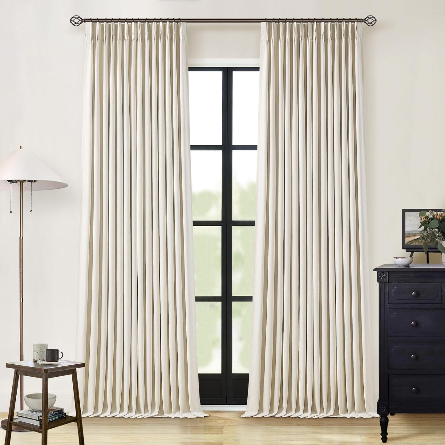 Cream Short Linen Curtains for Small Window 2 Panel Set Kitchen Curtains 45 Inch Length Pinch Pleated Back Tab 100% Blackout Natural Linen Room Darkening Thermal Insulated Drapes for Cafe Bathroom