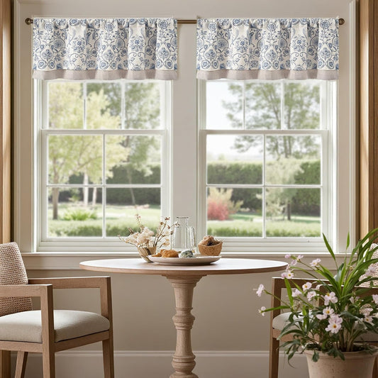 jinchan Linen Valance Kitchen Curtain Pack of 2 Double Layer 18 Inch for Living Room Bedroom Window Treatment Light Filtering Vintage Farmhouse Cottagecore Rod Pocket 2 Panels Blue on Beige