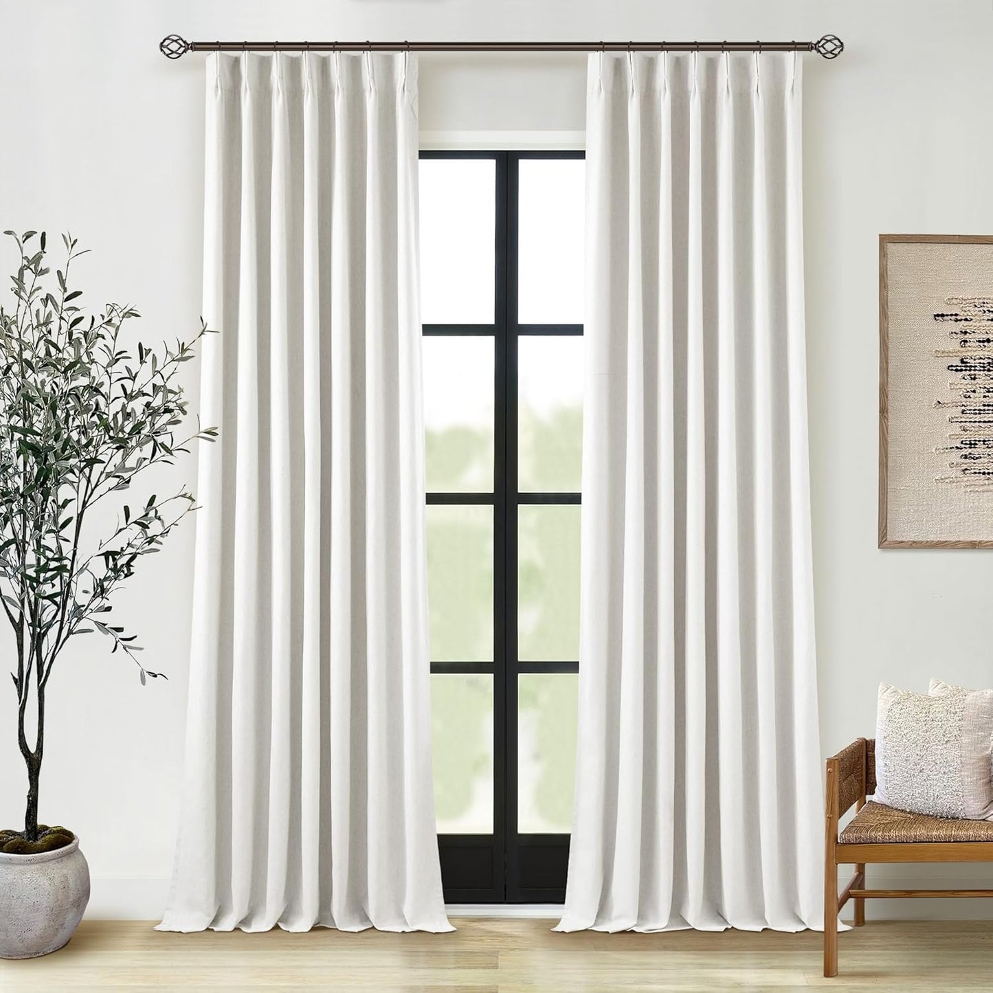 Cream Short Linen Curtains for Small Window 2 Panel Set Kitchen Curtains 45 Inch Length Pinch Pleated Back Tab 100% Blackout Natural Linen Room Darkening Thermal Insulated Drapes for Cafe Bathroom