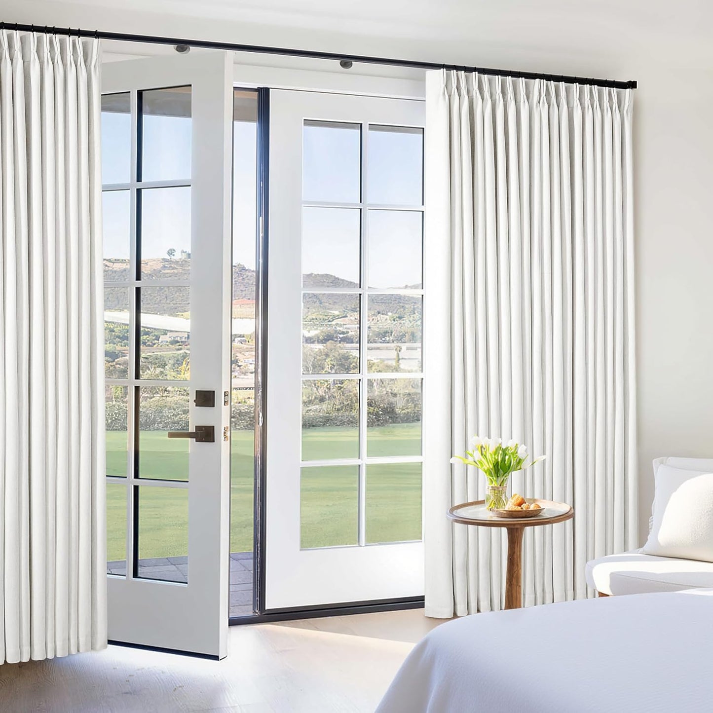 Cream Short Linen Curtains for Small Window 2 Panel Set Kitchen Curtains 45 Inch Length Pinch Pleated Back Tab 100% Blackout Natural Linen Room Darkening Thermal Insulated Drapes for Cafe Bathroom