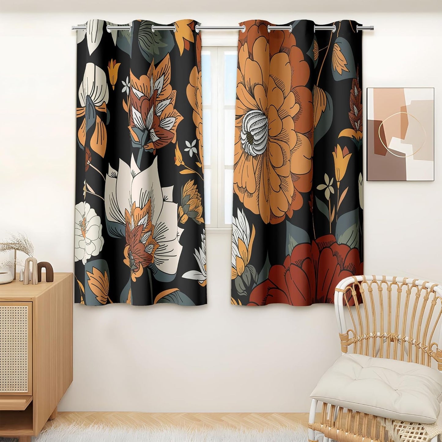 Black Boho Floral 100% Blackout Curtains for Bedroom 84 inch Long 2 Panels Mid Century Botanical Black Out Curtains for Living Room Grommet Thermal Insulated Room Darkening Window Drapes,52Wx84L