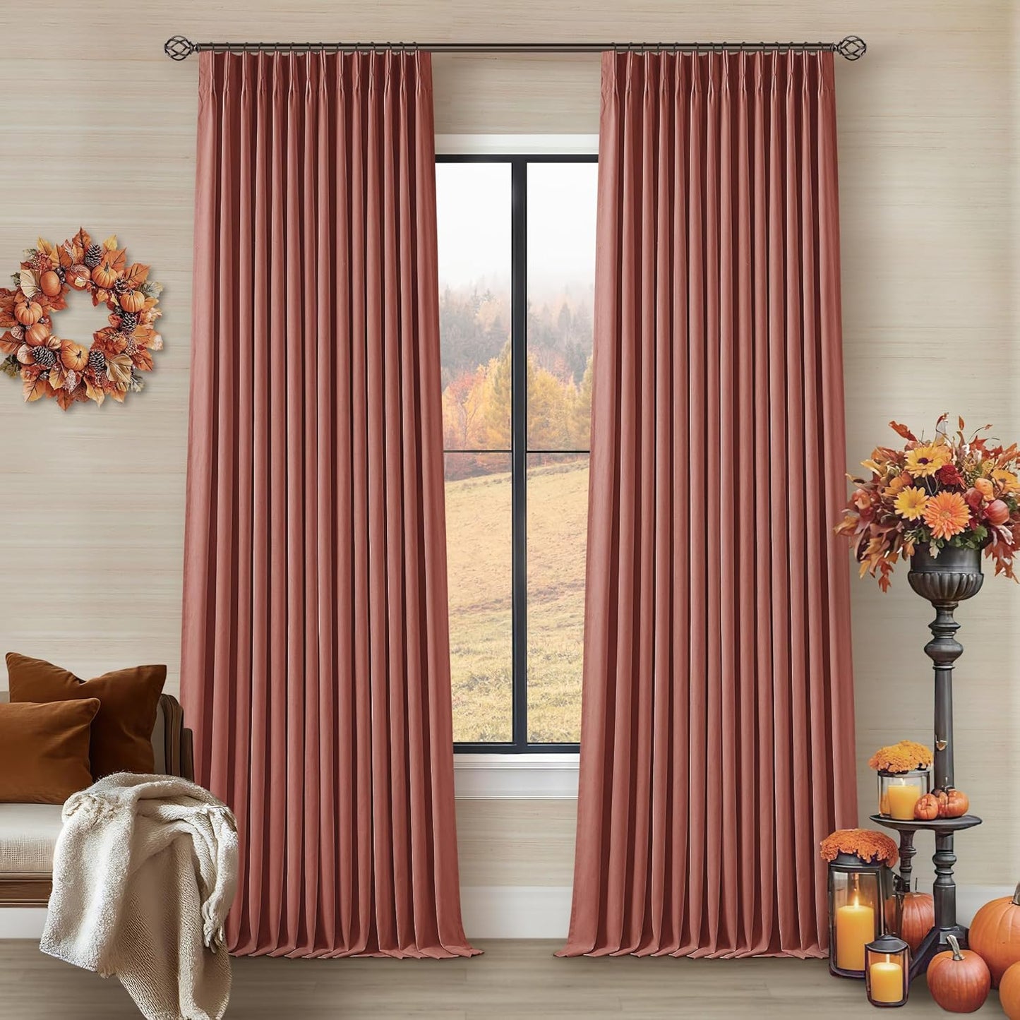 Cream Short Linen Curtains for Small Window 2 Panel Set Kitchen Curtains 45 Inch Length Pinch Pleated Back Tab 100% Blackout Natural Linen Room Darkening Thermal Insulated Drapes for Cafe Bathroom