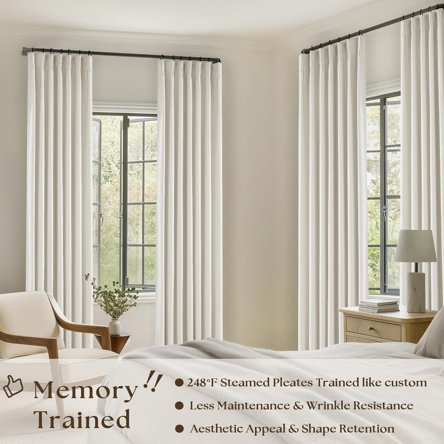 Cream Short Linen Curtains for Small Window 2 Panel Set Kitchen Curtains 45 Inch Length Pinch Pleated Back Tab 100% Blackout Natural Linen Room Darkening Thermal Insulated Drapes for Cafe Bathroom