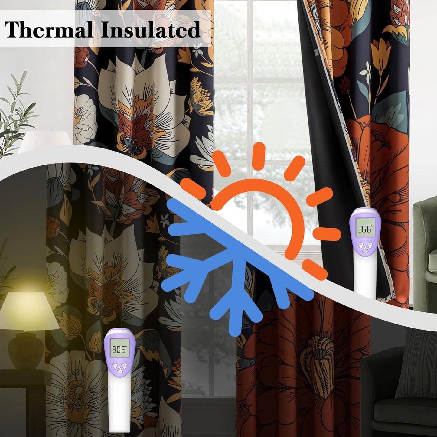 Black Boho Floral 100% Blackout Curtains for Bedroom 84 inch Long 2 Panels Mid Century Botanical Black Out Curtains for Living Room Grommet Thermal Insulated Room Darkening Window Drapes,52Wx84L