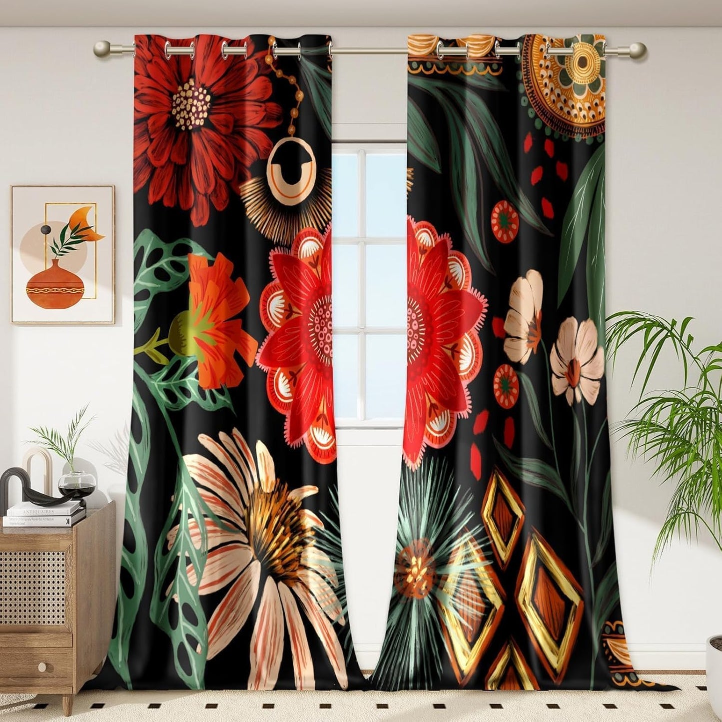 Black Boho Floral 100% Blackout Curtains for Bedroom 84 inch Long 2 Panels Mid Century Botanical Black Out Curtains for Living Room Grommet Thermal Insulated Room Darkening Window Drapes,52Wx84L