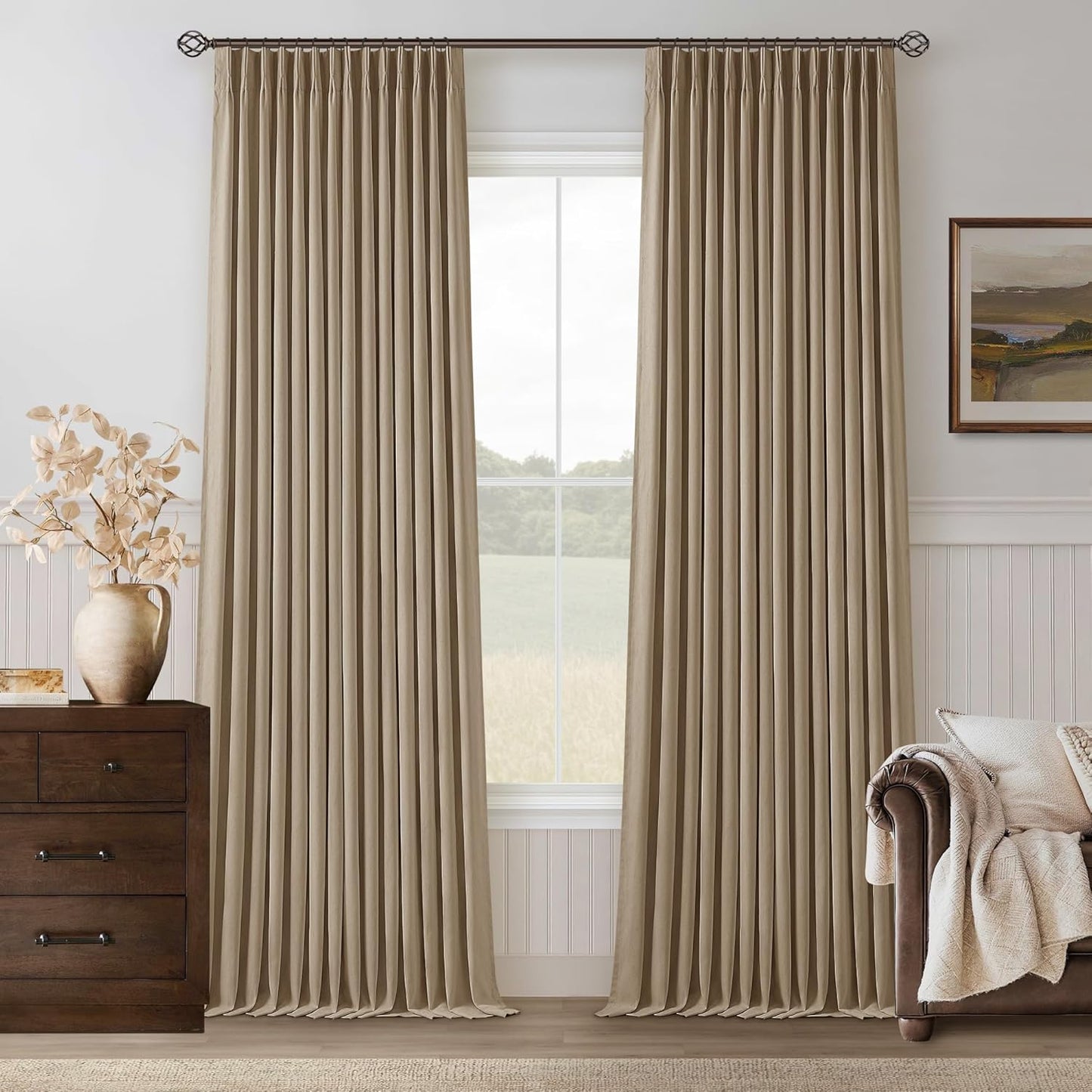 Cream Short Linen Curtains for Small Window 2 Panel Set Kitchen Curtains 45 Inch Length Pinch Pleated Back Tab 100% Blackout Natural Linen Room Darkening Thermal Insulated Drapes for Cafe Bathroom