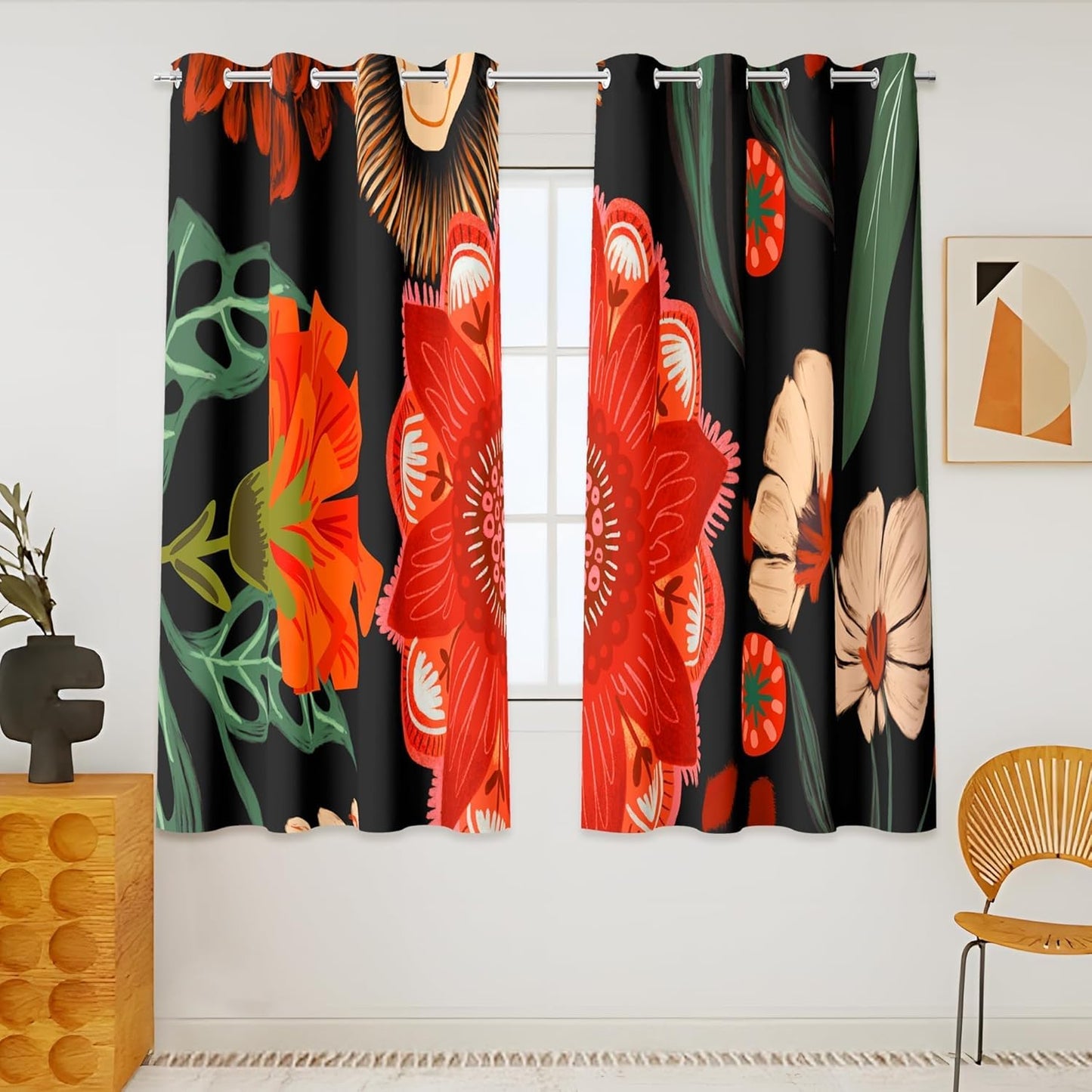 Black Boho Floral 100% Blackout Curtains for Bedroom 84 inch Long 2 Panels Mid Century Botanical Black Out Curtains for Living Room Grommet Thermal Insulated Room Darkening Window Drapes,52Wx84L