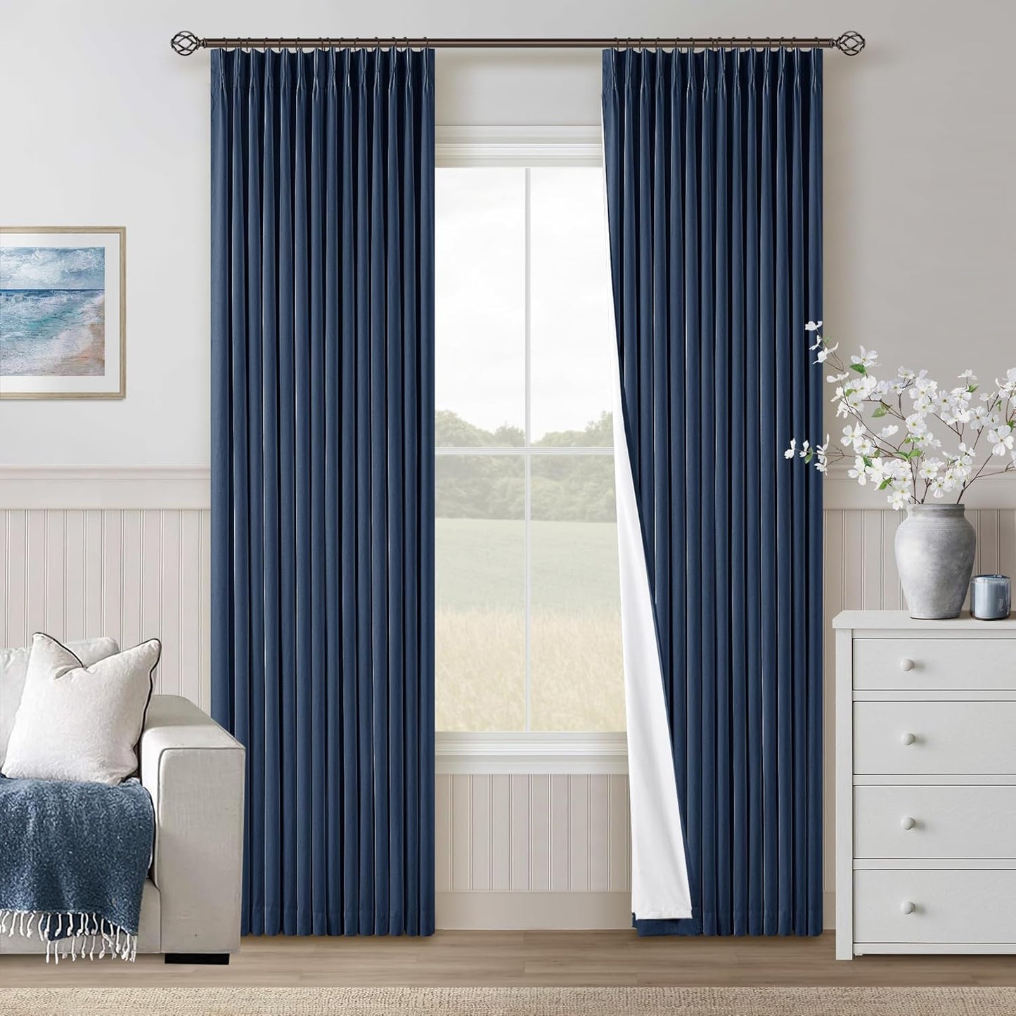 Cream Short Linen Curtains for Small Window 2 Panel Set Kitchen Curtains 45 Inch Length Pinch Pleated Back Tab 100% Blackout Natural Linen Room Darkening Thermal Insulated Drapes for Cafe Bathroom