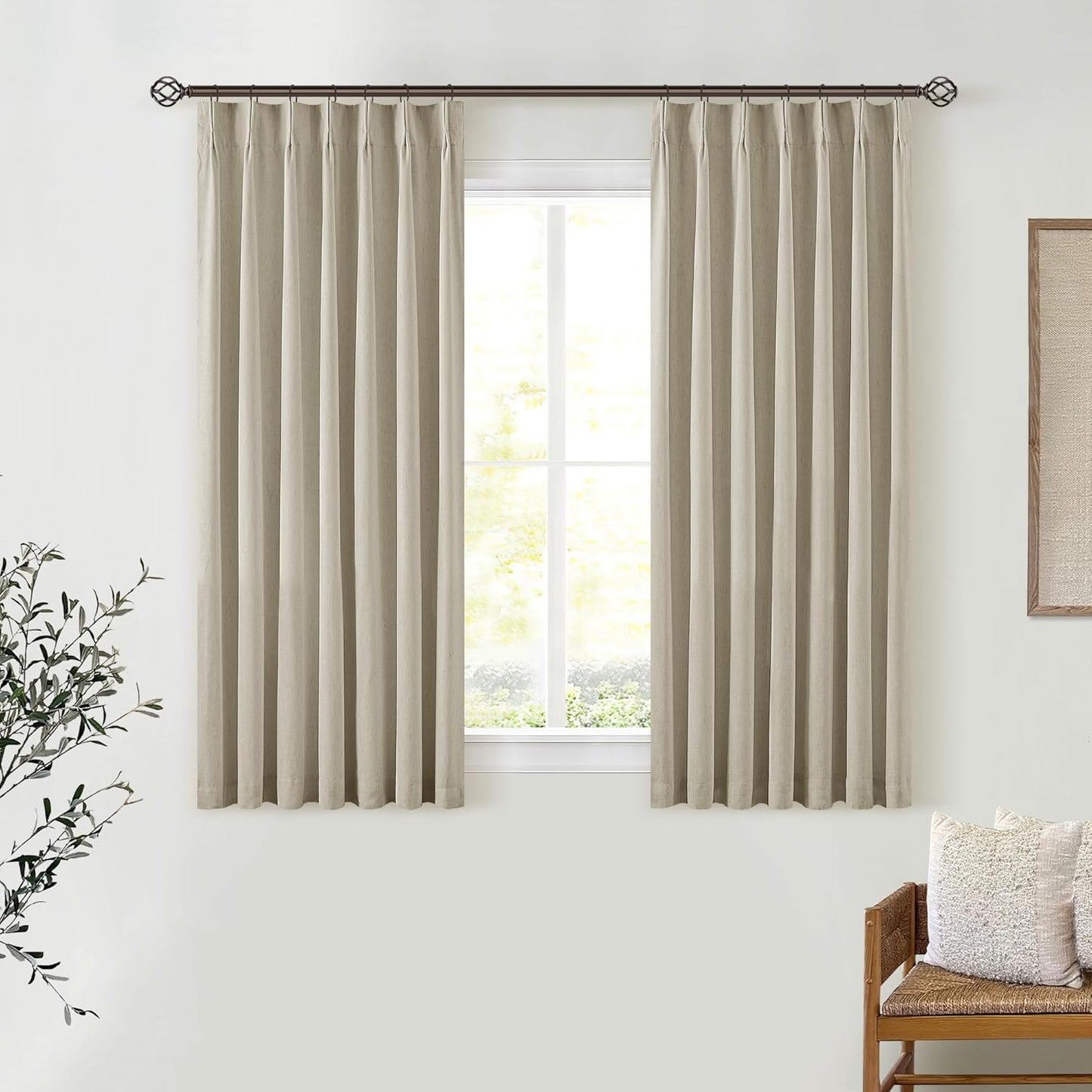 Cream Short Linen Curtains for Small Window 2 Panel Set Kitchen Curtains 45 Inch Length Pinch Pleated Back Tab 100% Blackout Natural Linen Room Darkening Thermal Insulated Drapes for Cafe Bathroom