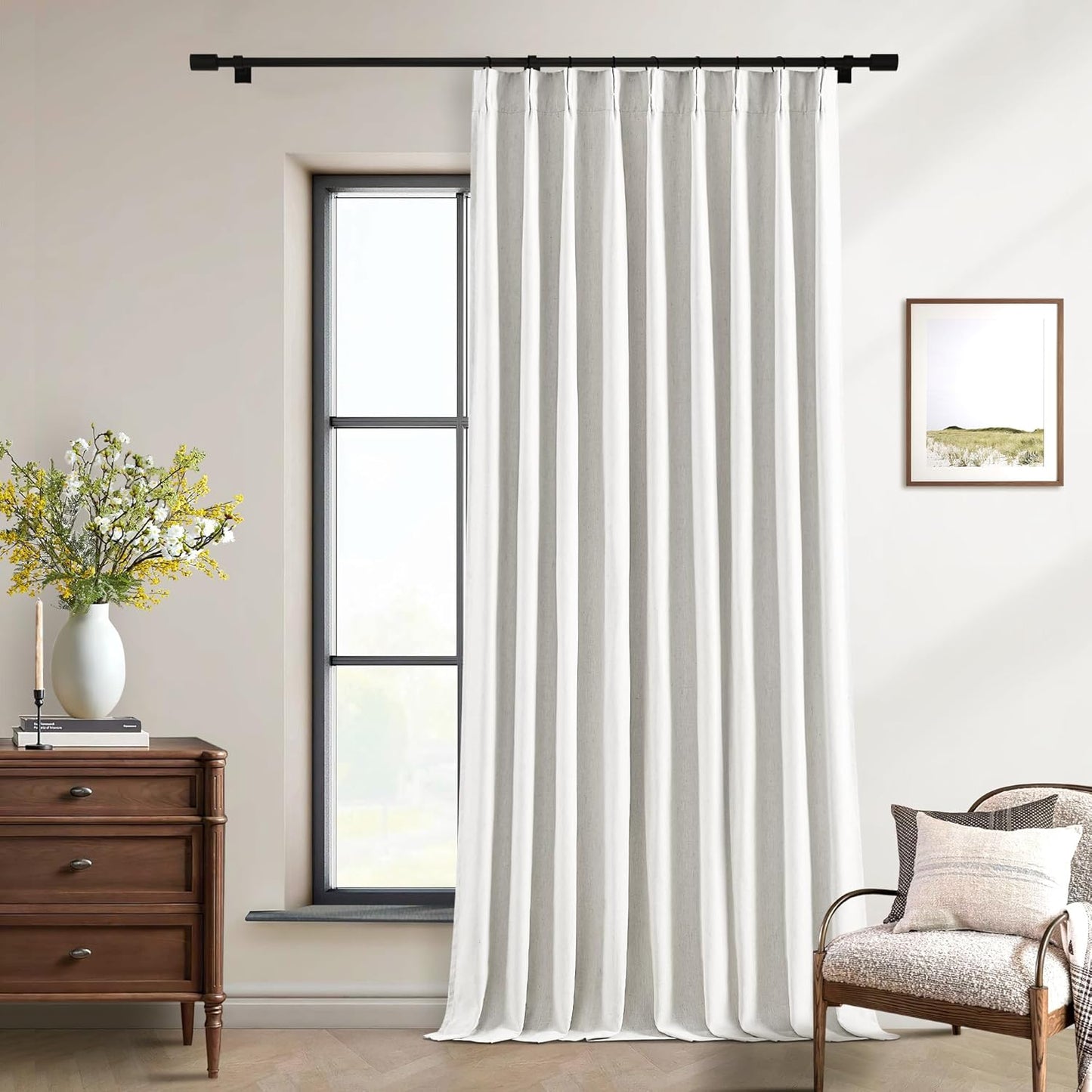 Cream Short Linen Curtains for Small Window 2 Panel Set Kitchen Curtains 45 Inch Length Pinch Pleated Back Tab 100% Blackout Natural Linen Room Darkening Thermal Insulated Drapes for Cafe Bathroom