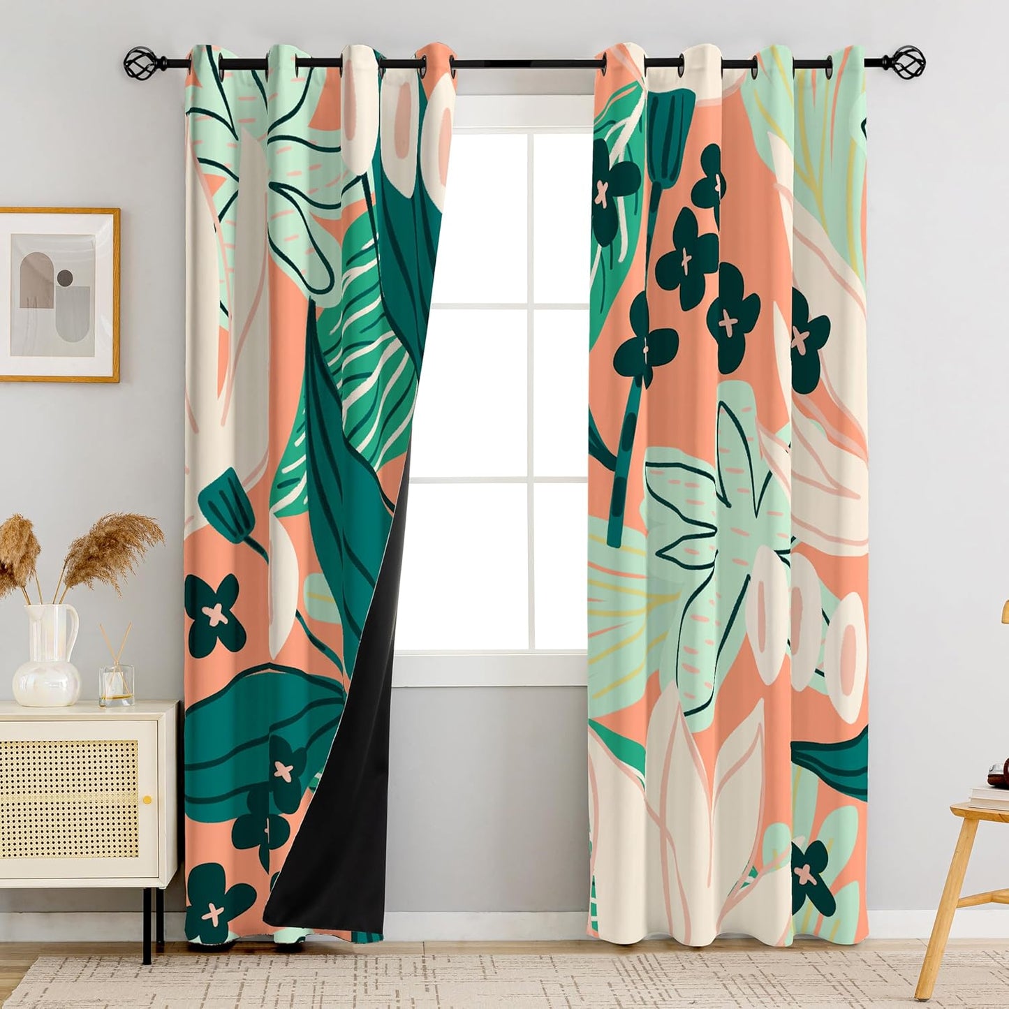 Black Boho Floral 100% Blackout Curtains for Bedroom 84 inch Long 2 Panels Mid Century Botanical Black Out Curtains for Living Room Grommet Thermal Insulated Room Darkening Window Drapes,52Wx84L