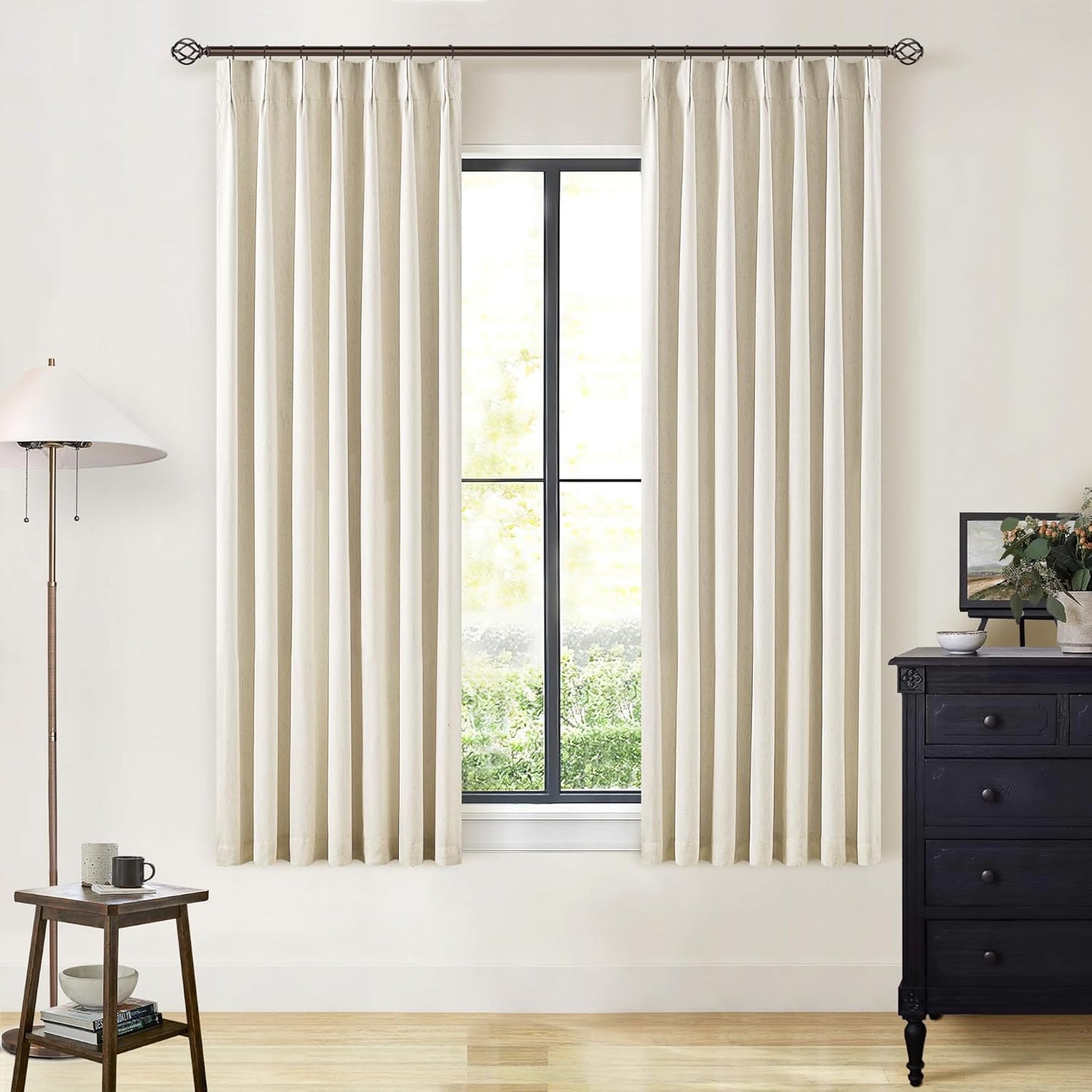 Cream Short Linen Curtains for Small Window 2 Panel Set Kitchen Curtains 45 Inch Length Pinch Pleated Back Tab 100% Blackout Natural Linen Room Darkening Thermal Insulated Drapes for Cafe Bathroom