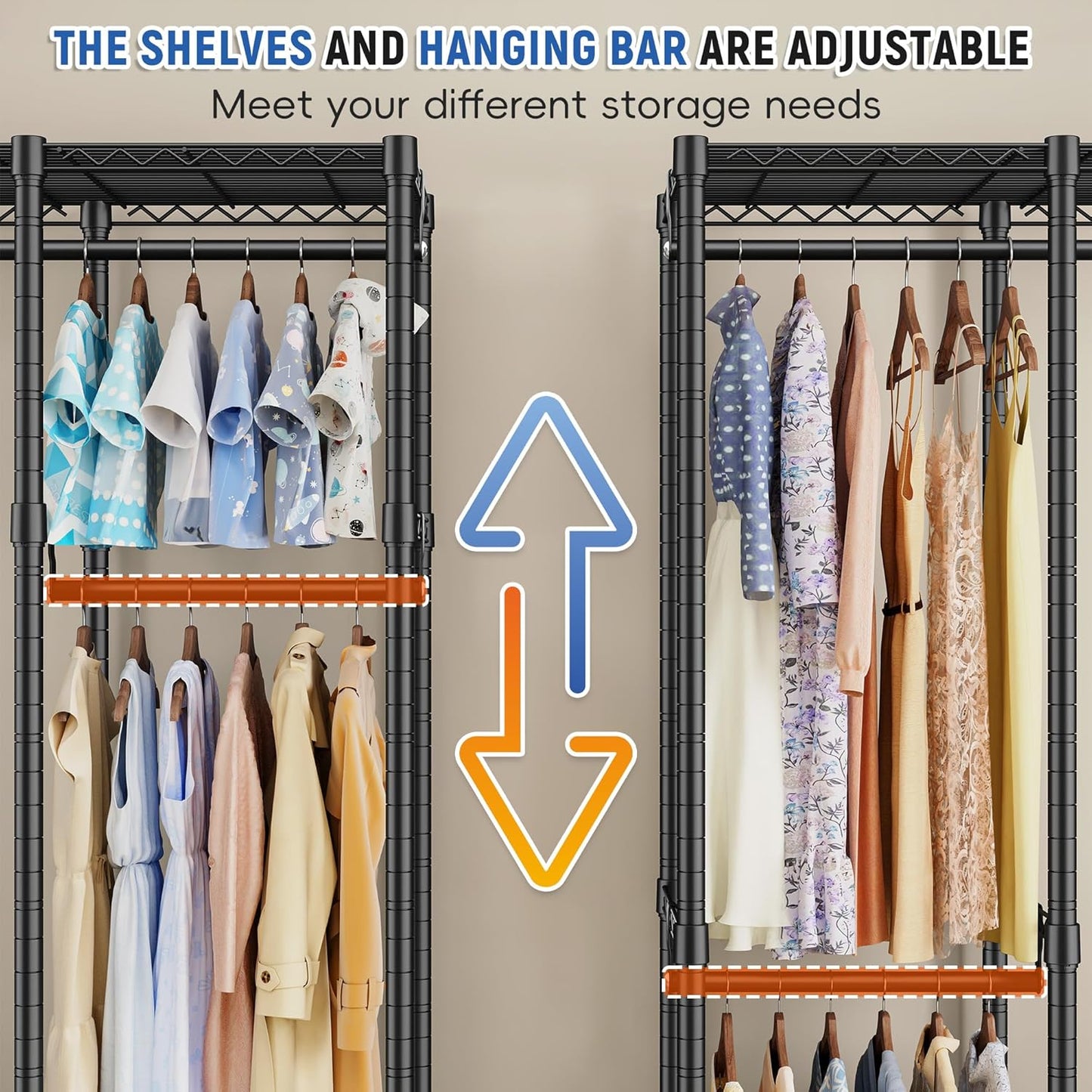 Raybee 88.2" W Clothes Rack Heavy Duty Clothing Racks for Hanging Clothes Portable Closet Loads 1200LBS Freestanding Garment Rack for Bedroom 88.2" W x 75.6" H x 15.7" D, Black