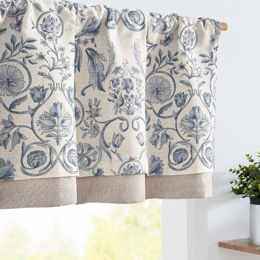 jinchan Linen Valance Kitchen Curtain Pack of 2 Double Layer 18 Inch for Living Room Bedroom Window Treatment Light Filtering Vintage Farmhouse Cottagecore Rod Pocket 2 Panels Blue on Beige