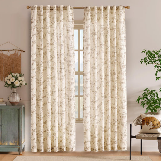 Lazzzy Taupe Floral Linen Curtains 84 Inch Farmhouse Curtain Back Tab Drapes for Living Room Bedroom Light Filtering Vintage Rod Pocket Curtains Fall Decorations for Home, 2 Panels, Taupe on Beige