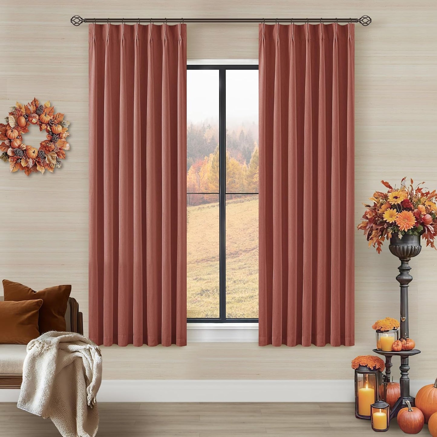 Cream Short Linen Curtains for Small Window 2 Panel Set Kitchen Curtains 45 Inch Length Pinch Pleated Back Tab 100% Blackout Natural Linen Room Darkening Thermal Insulated Drapes for Cafe Bathroom