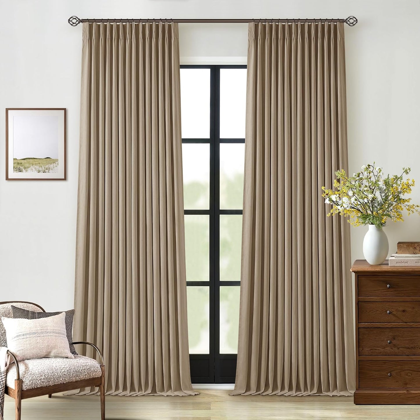 Cream Short Linen Curtains for Small Window 2 Panel Set Kitchen Curtains 45 Inch Length Pinch Pleated Back Tab 100% Blackout Natural Linen Room Darkening Thermal Insulated Drapes for Cafe Bathroom