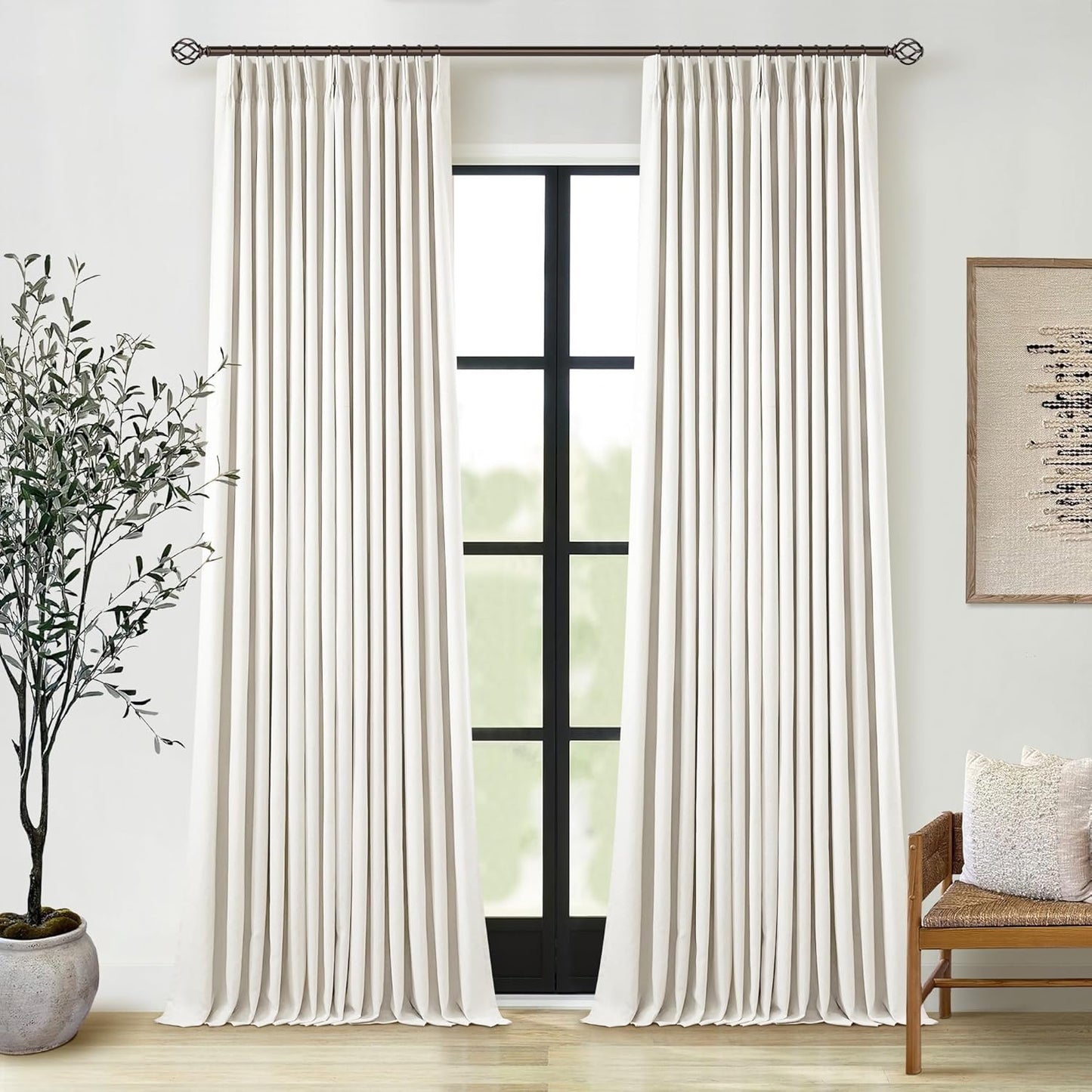 Cream Short Linen Curtains for Small Window 2 Panel Set Kitchen Curtains 45 Inch Length Pinch Pleated Back Tab 100% Blackout Natural Linen Room Darkening Thermal Insulated Drapes for Cafe Bathroom