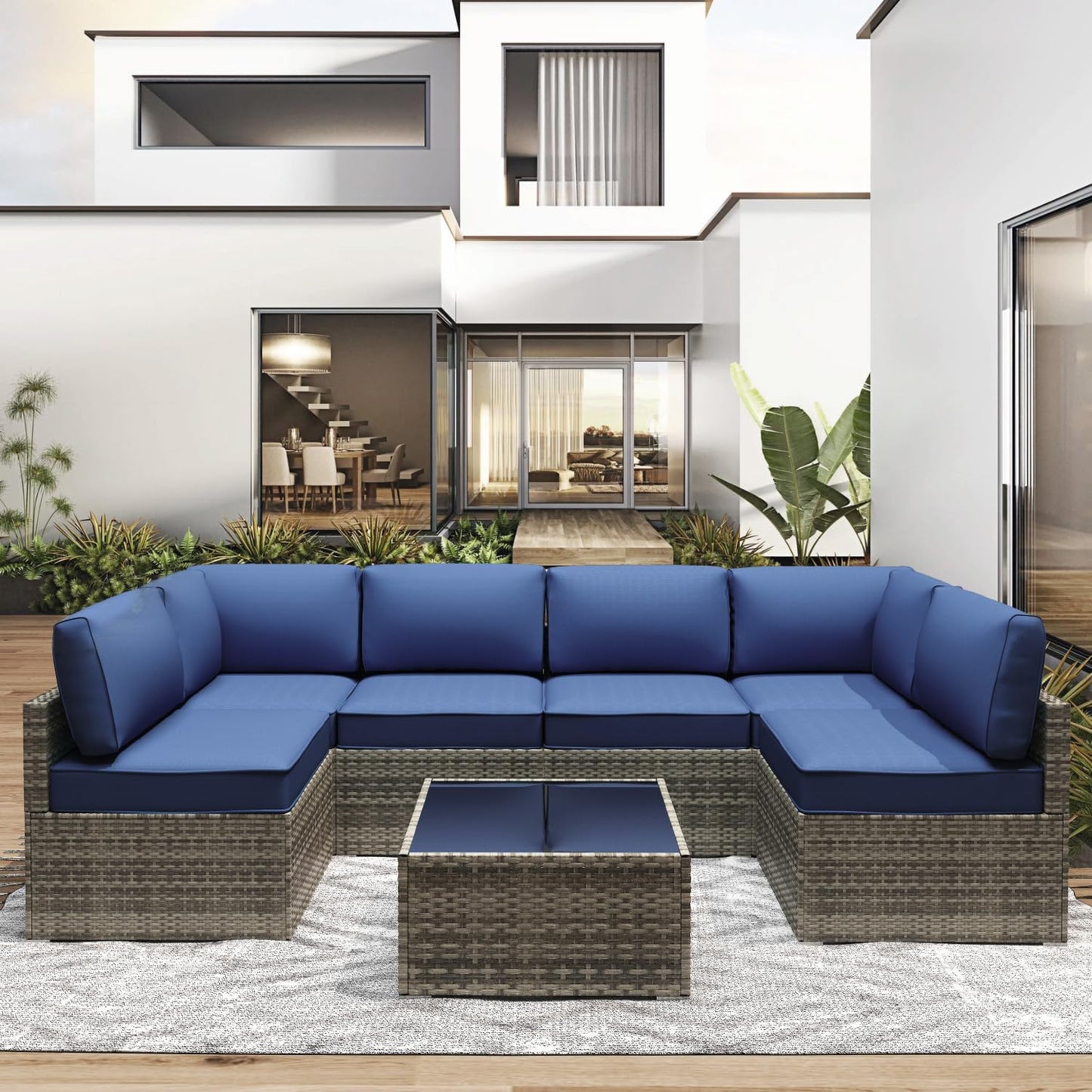 Outdoor Replacement Cushions for Patio Furniture,Water-Resistant Sofa Cushions for Rattan Wicker Sectional Patio Conversation Sets,14-Piece Outdoor Couch Cushion,Deep Blue