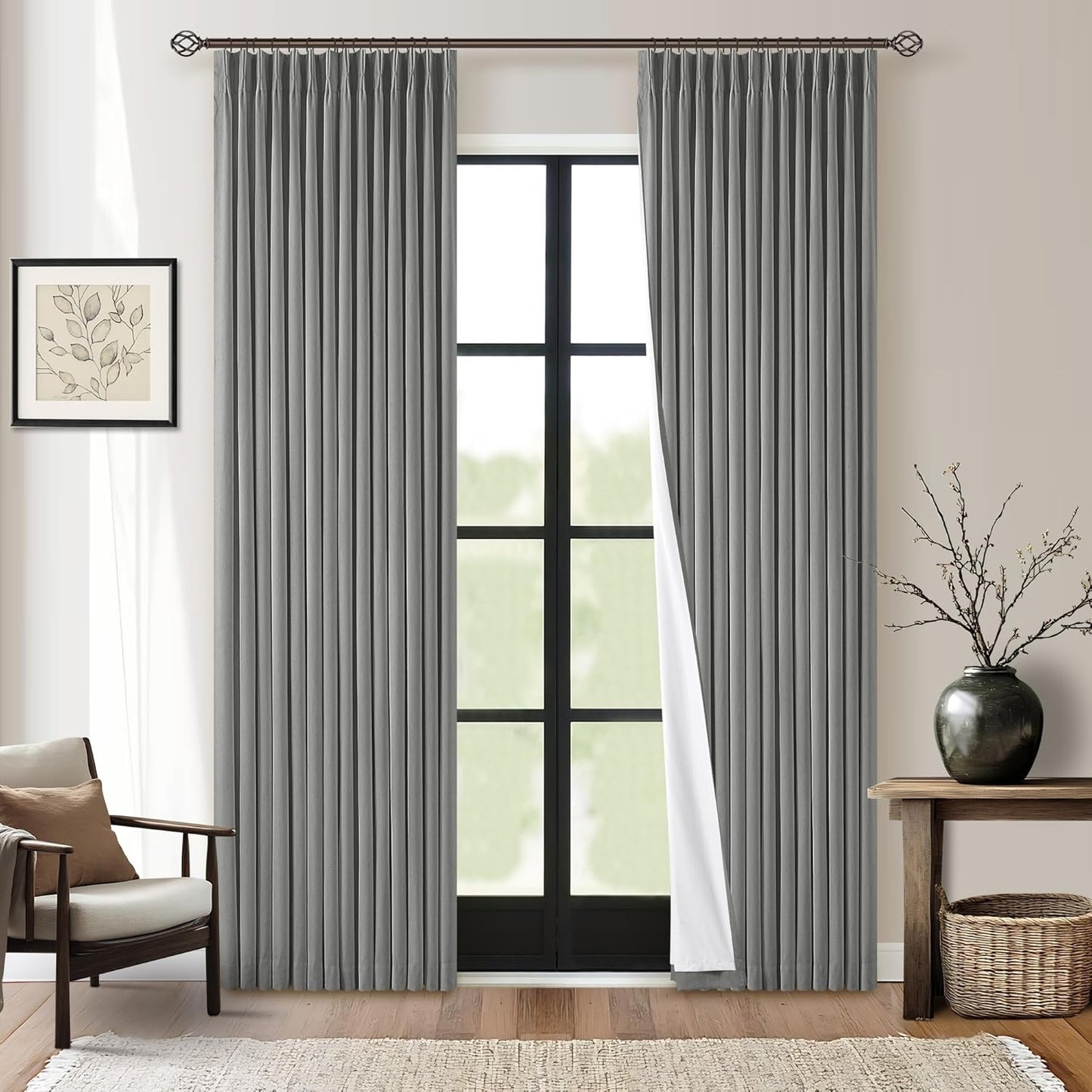 Cream Short Linen Curtains for Small Window 2 Panel Set Kitchen Curtains 45 Inch Length Pinch Pleated Back Tab 100% Blackout Natural Linen Room Darkening Thermal Insulated Drapes for Cafe Bathroom