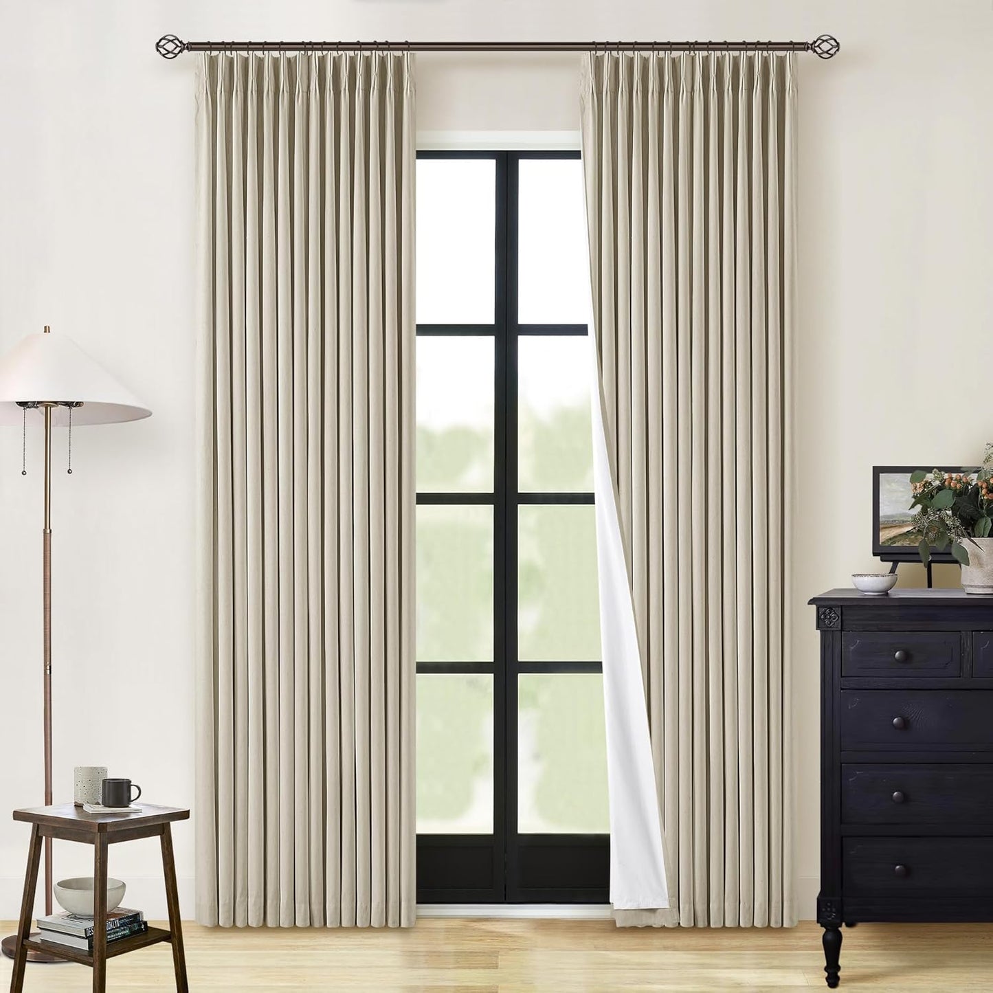 Cream Short Linen Curtains for Small Window 2 Panel Set Kitchen Curtains 45 Inch Length Pinch Pleated Back Tab 100% Blackout Natural Linen Room Darkening Thermal Insulated Drapes for Cafe Bathroom