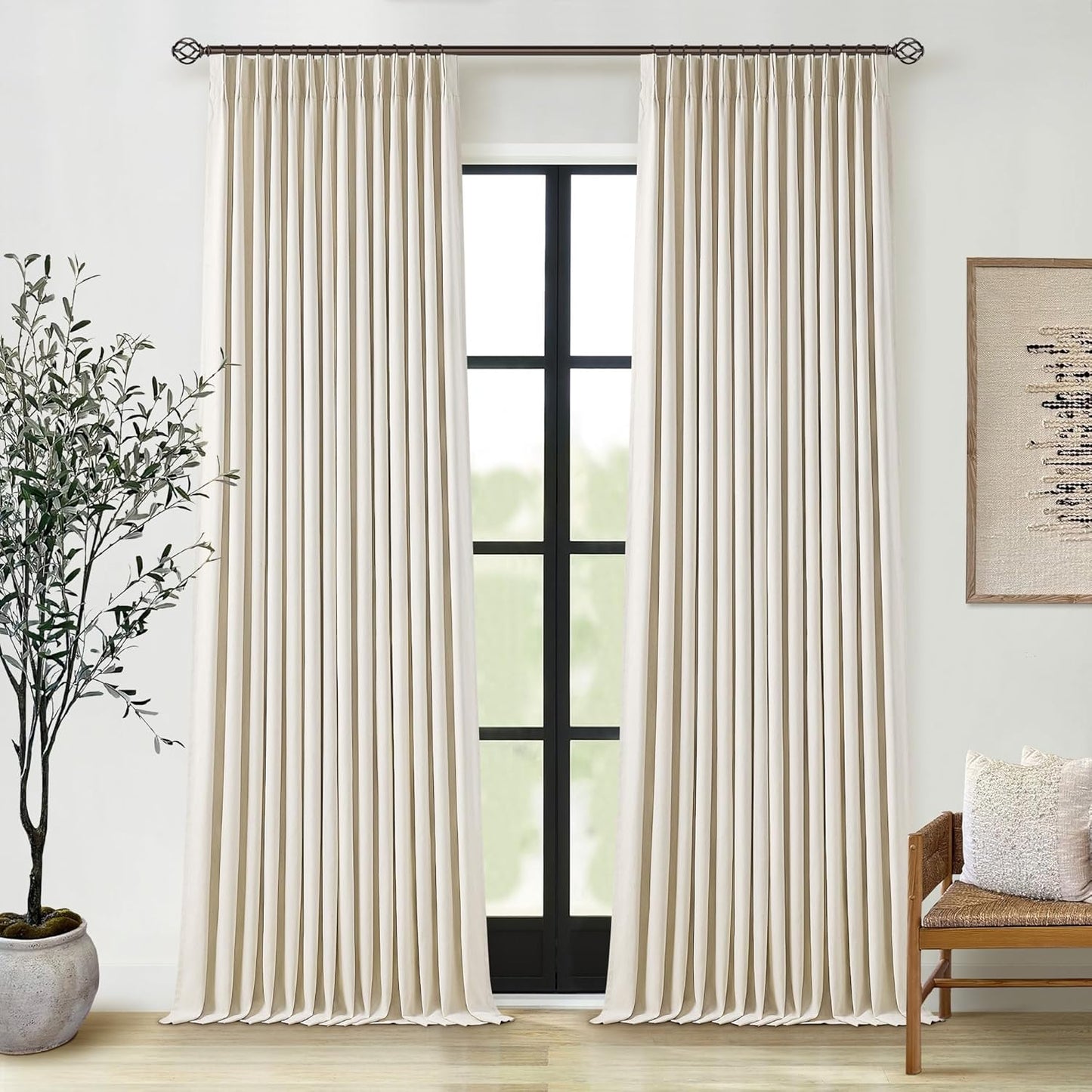 Cream Short Linen Curtains for Small Window 2 Panel Set Kitchen Curtains 45 Inch Length Pinch Pleated Back Tab 100% Blackout Natural Linen Room Darkening Thermal Insulated Drapes for Cafe Bathroom