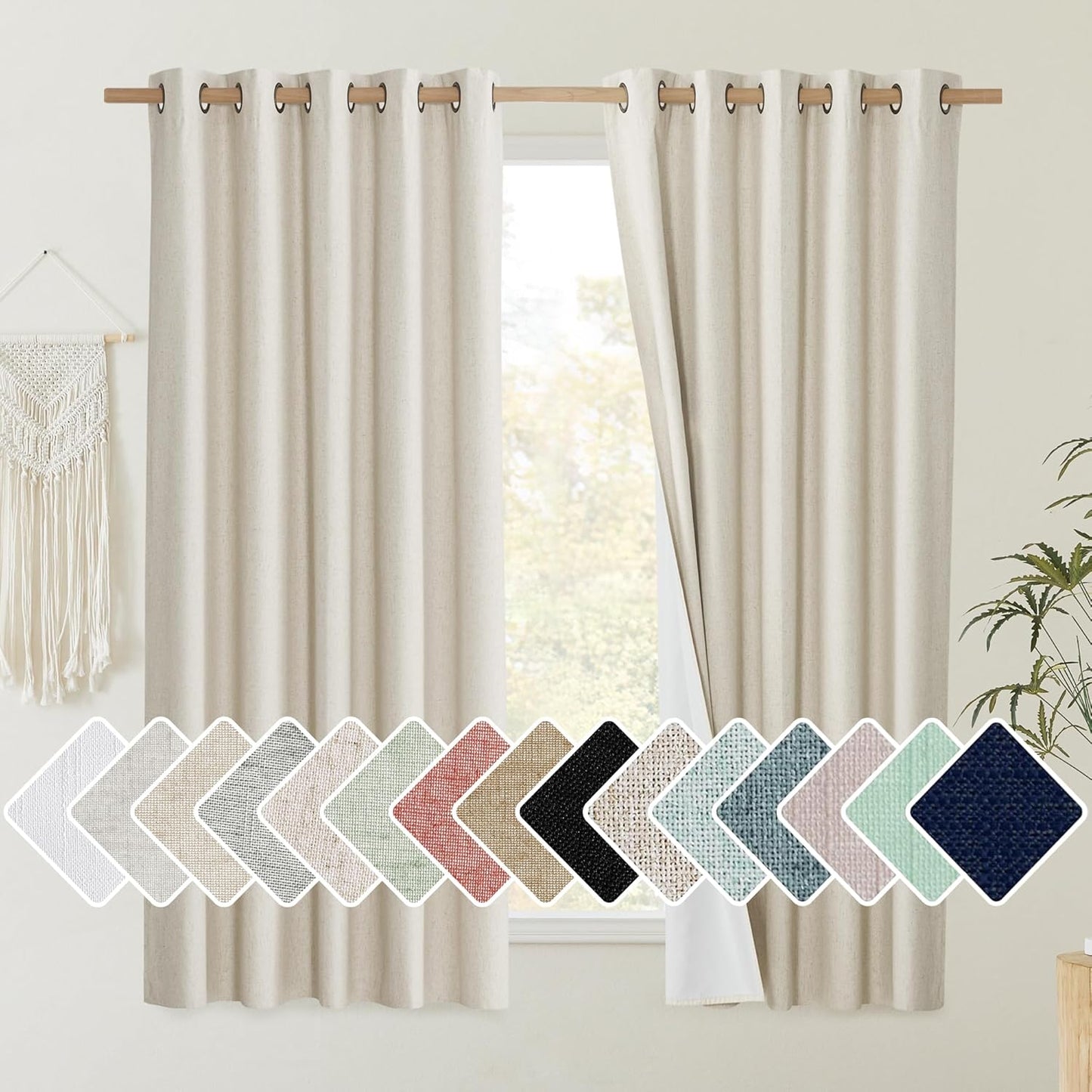 NICETOWN Natural 100% Blackout Short Curtains 63 inches Lenghth Burg for Kitchen, 2 Panels, Burlap Linen Drapes with Thermal Insulated White Liner, Keeping Out Cold Air and Heat Panels