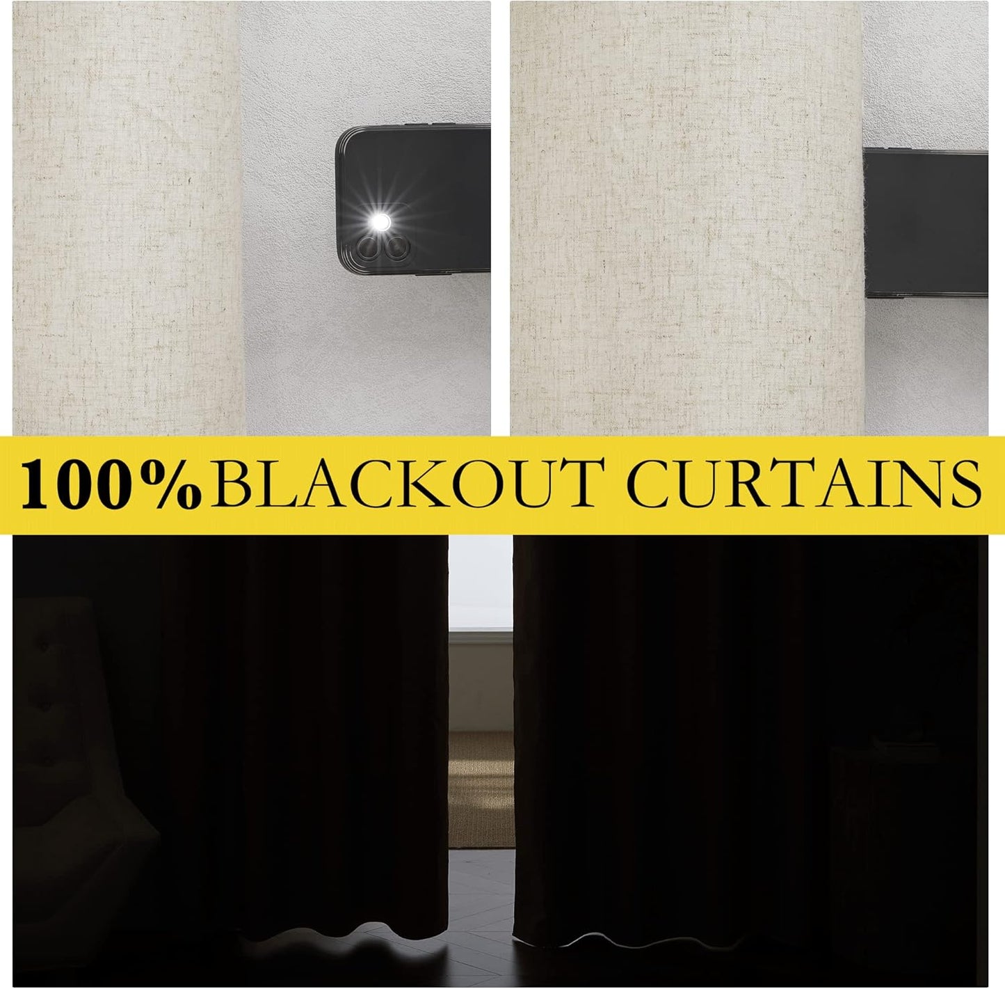 NICETOWN Natural 100% Blackout Short Curtains 63 inches Lenghth Burg for Kitchen, 2 Panels, Burlap Linen Drapes with Thermal Insulated White Liner, Keeping Out Cold Air and Heat Panels