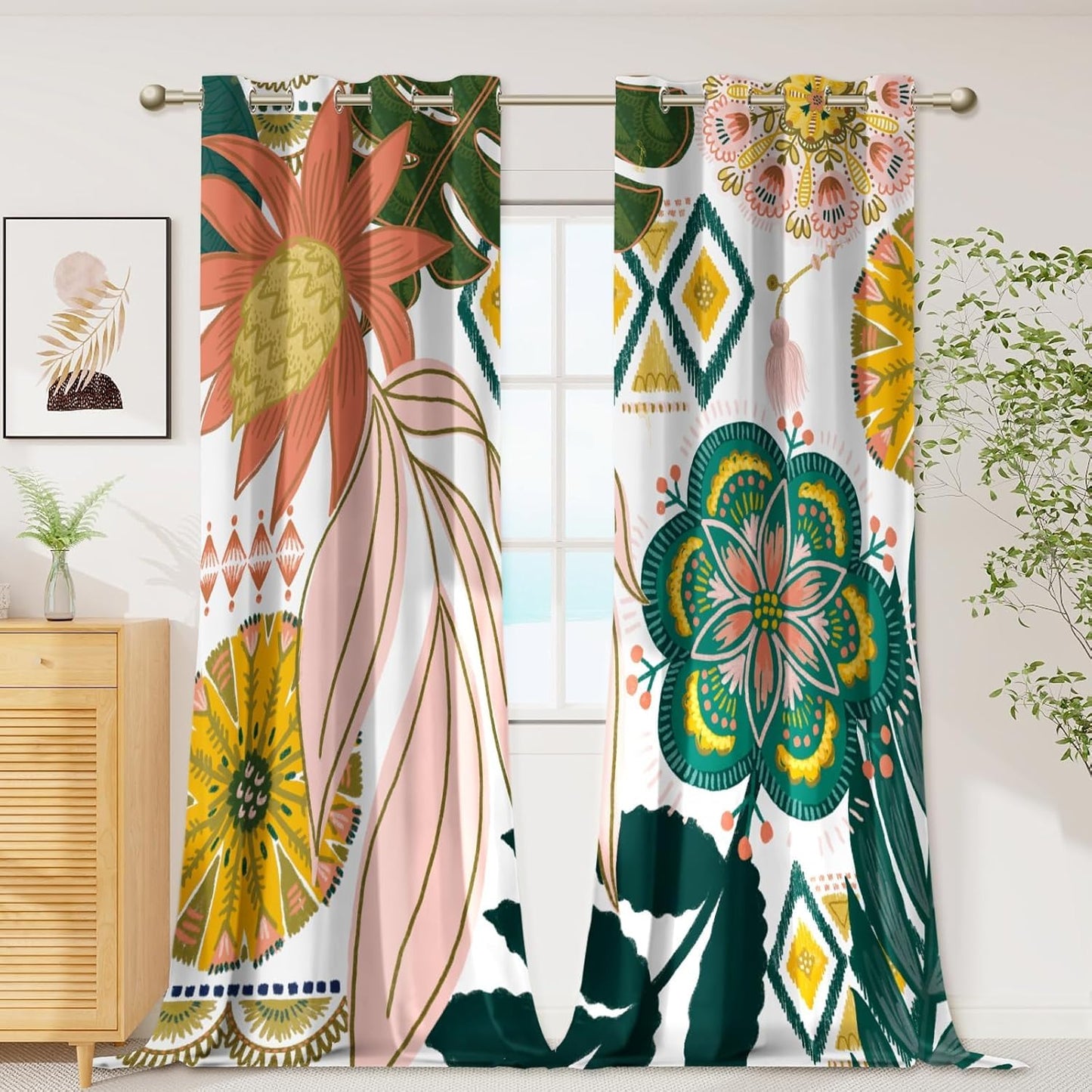 Black Boho Floral 100% Blackout Curtains for Bedroom 84 inch Long 2 Panels Mid Century Botanical Black Out Curtains for Living Room Grommet Thermal Insulated Room Darkening Window Drapes,52Wx84L