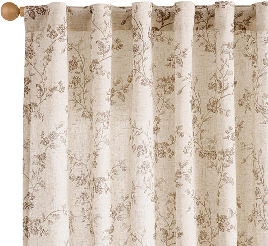 Lazzzy Taupe Floral Linen Curtains 84 Inch Farmhouse Curtain Back Tab Drapes for Living Room Bedroom Light Filtering Vintage Rod Pocket Curtains Fall Decorations for Home, 2 Panels, Taupe on Beige