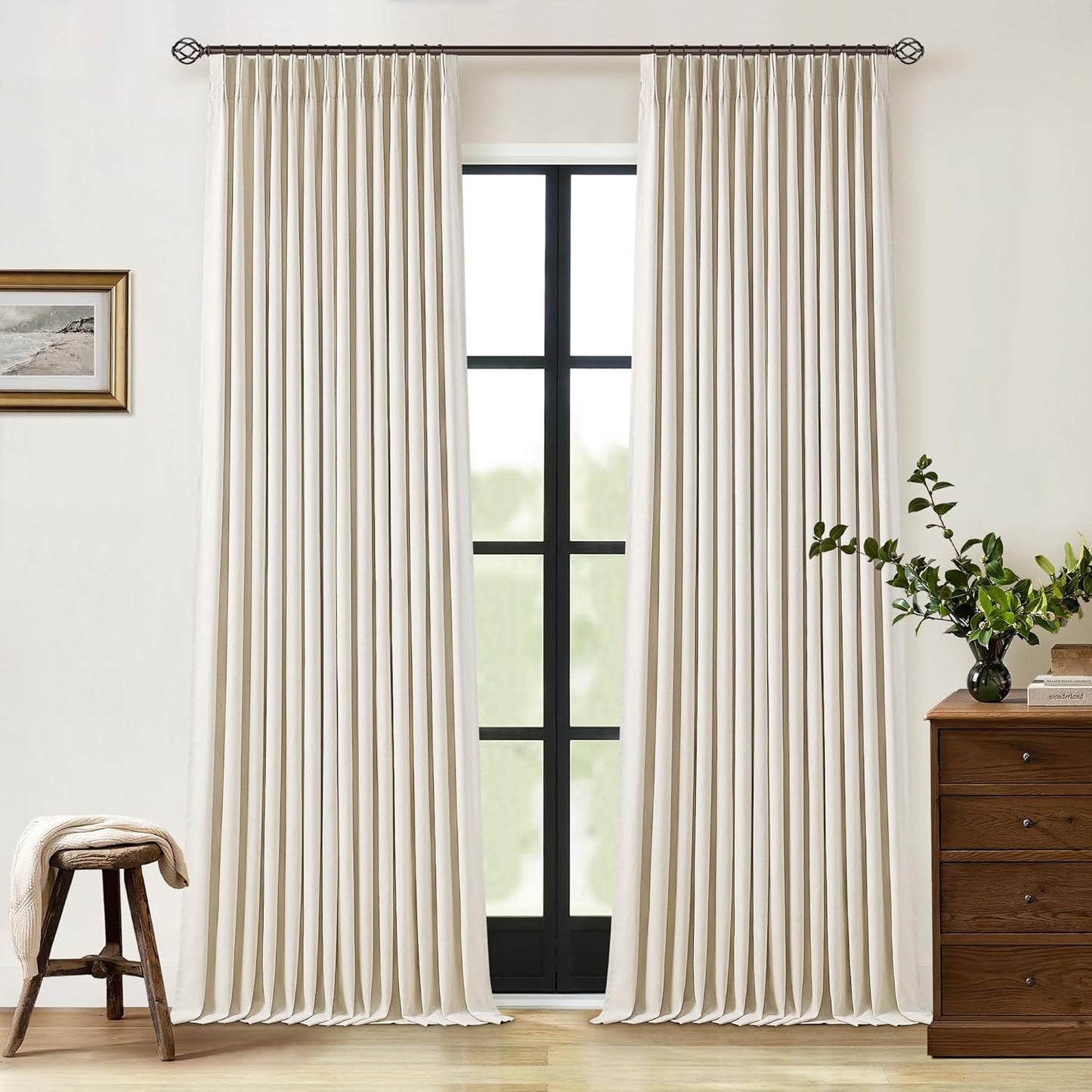 Cream Short Linen Curtains for Small Window 2 Panel Set Kitchen Curtains 45 Inch Length Pinch Pleated Back Tab 100% Blackout Natural Linen Room Darkening Thermal Insulated Drapes for Cafe Bathroom