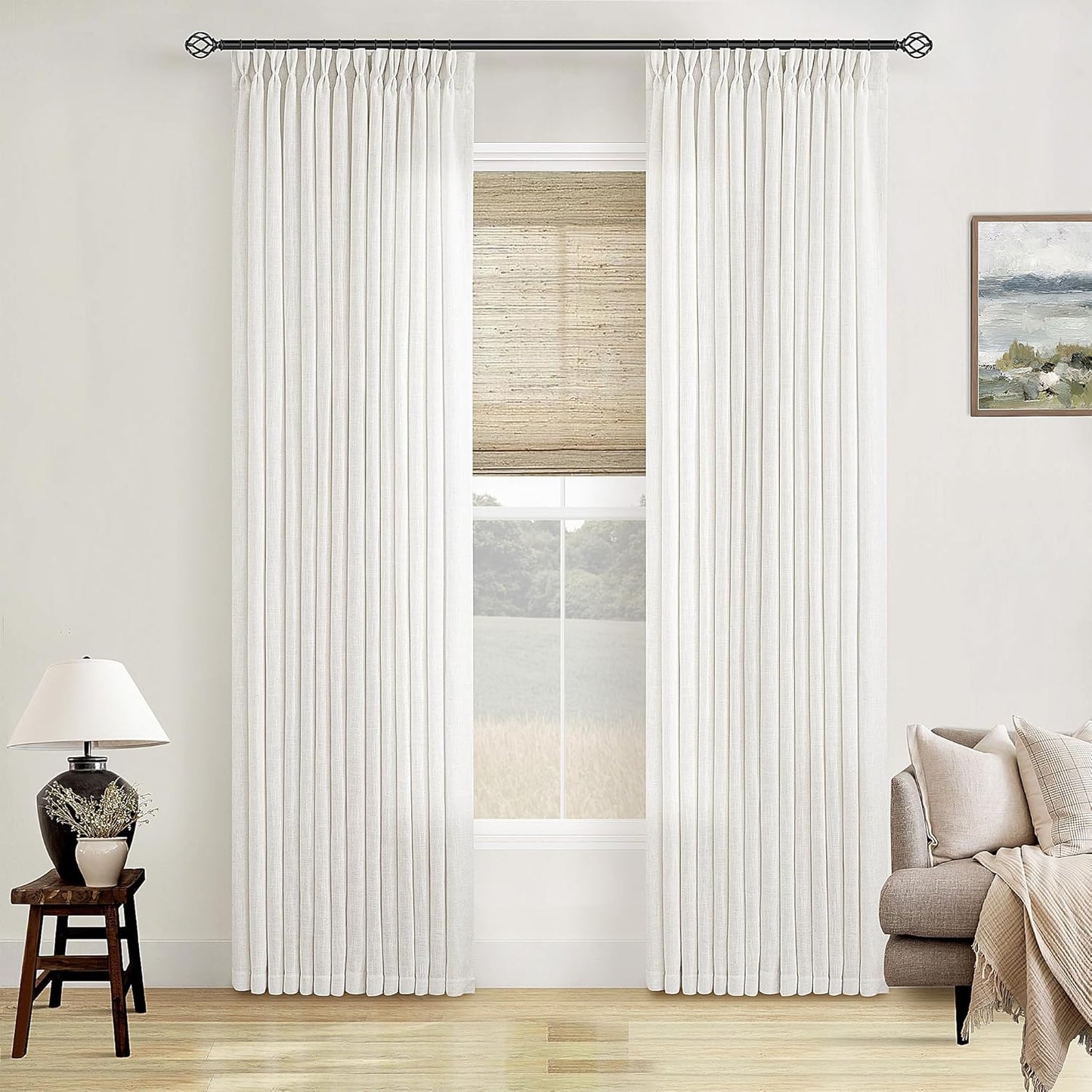 Natural Linen Kitchen Curtains 45 Inches Long 2 Sets Basement Curtains for Small Window Cream Ivory Pinch Pleated Back Tab Linen Blend Short Boho Semi Sheer Back Tab Drapes for Bay Windows 40x45