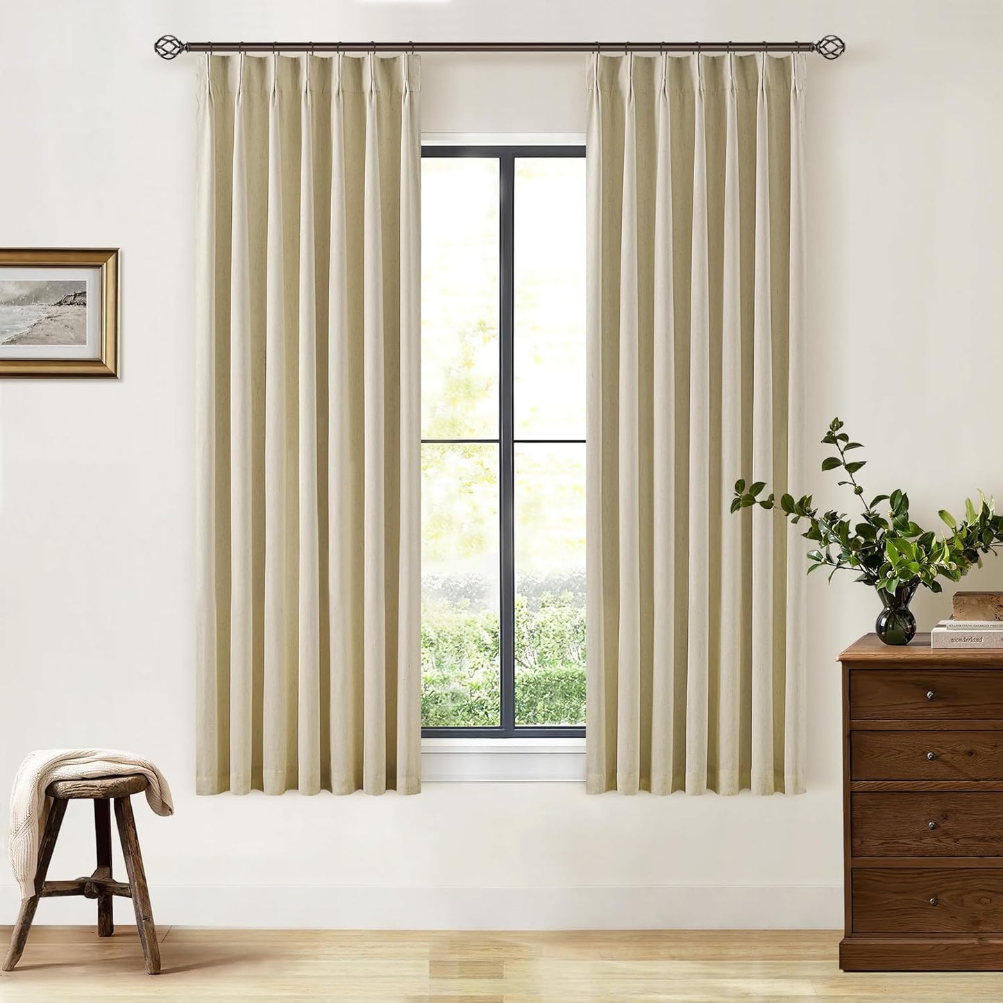 Cream Short Linen Curtains for Small Window 2 Panel Set Kitchen Curtains 45 Inch Length Pinch Pleated Back Tab 100% Blackout Natural Linen Room Darkening Thermal Insulated Drapes for Cafe Bathroom