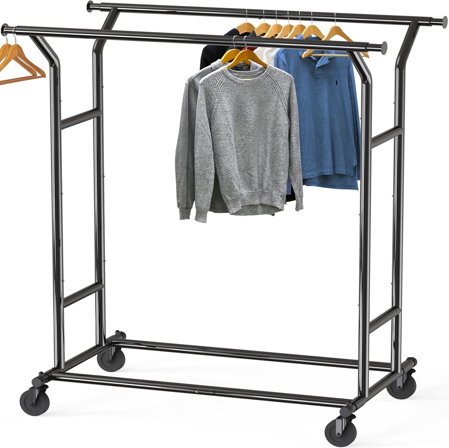 Simple Houseware Heavy Duty Double Rail Clothing Garment Rack, Holds Up to 200 lbs, 43 to 67 Inches Extendable Rod, Chrome