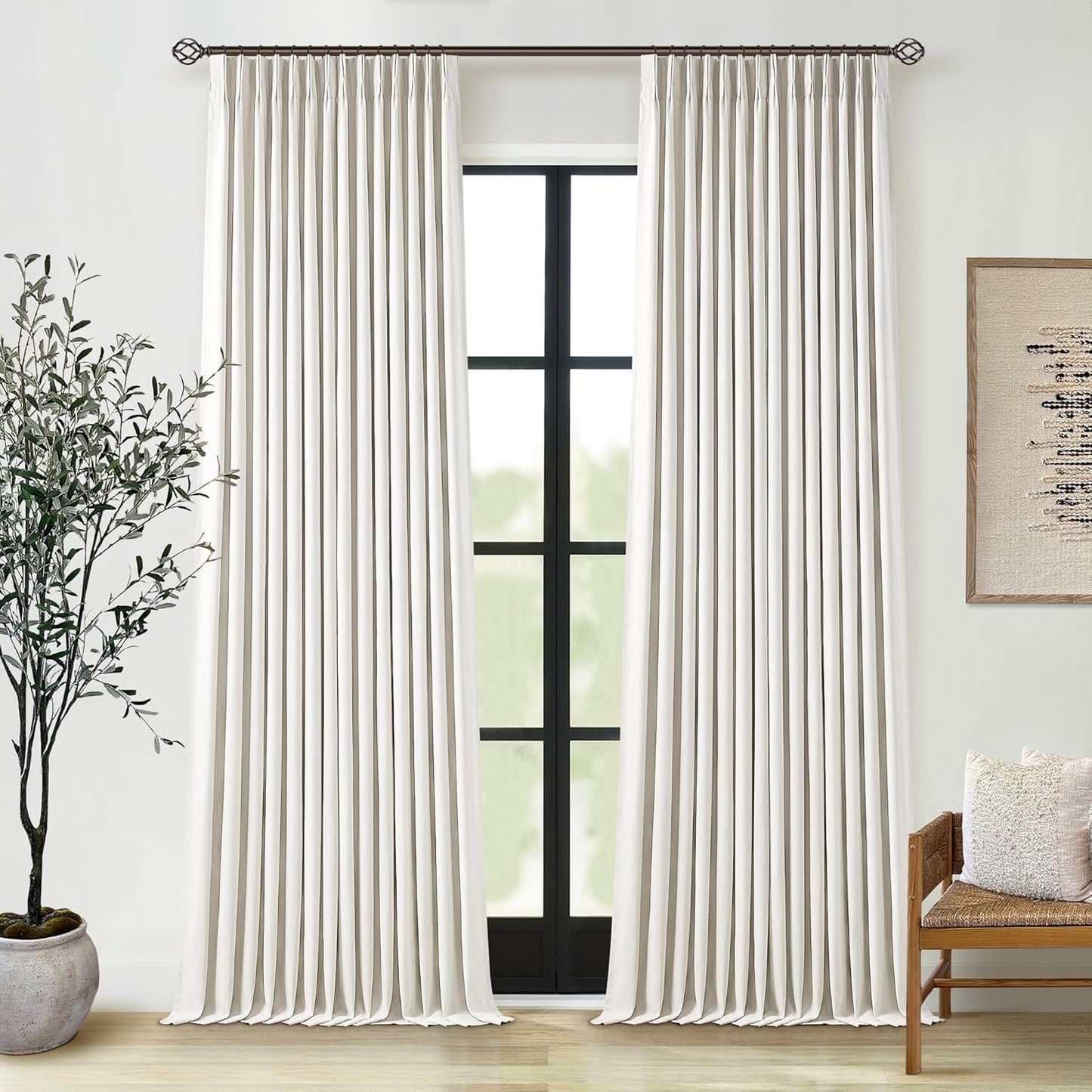 Cream Short Linen Curtains for Small Window 2 Panel Set Kitchen Curtains 45 Inch Length Pinch Pleated Back Tab 100% Blackout Natural Linen Room Darkening Thermal Insulated Drapes for Cafe Bathroom
