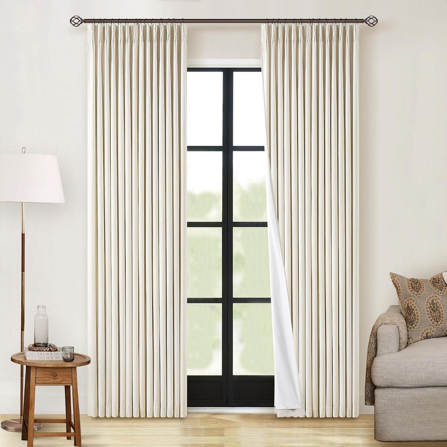 Cream Short Linen Curtains for Small Window 2 Panel Set Kitchen Curtains 45 Inch Length Pinch Pleated Back Tab 100% Blackout Natural Linen Room Darkening Thermal Insulated Drapes for Cafe Bathroom