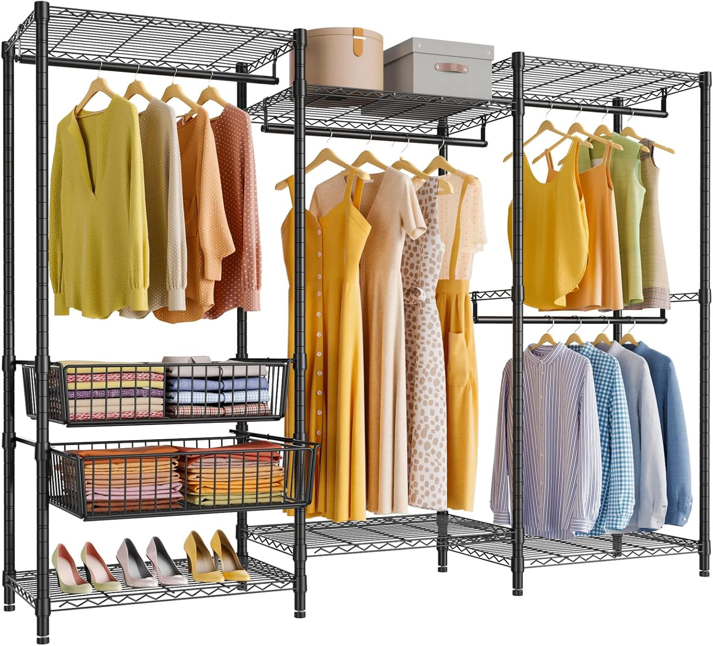VIPEK V10 Garment Rack Large Size Heavy Duty Clothes Rack with Hanging Rods, Adjustable Shelves & 2 Slid Storage Baskets, Wire Clothing Rack 68.9" W x 15.7" D x 76.4" H, Max Load 920 LBS, Black