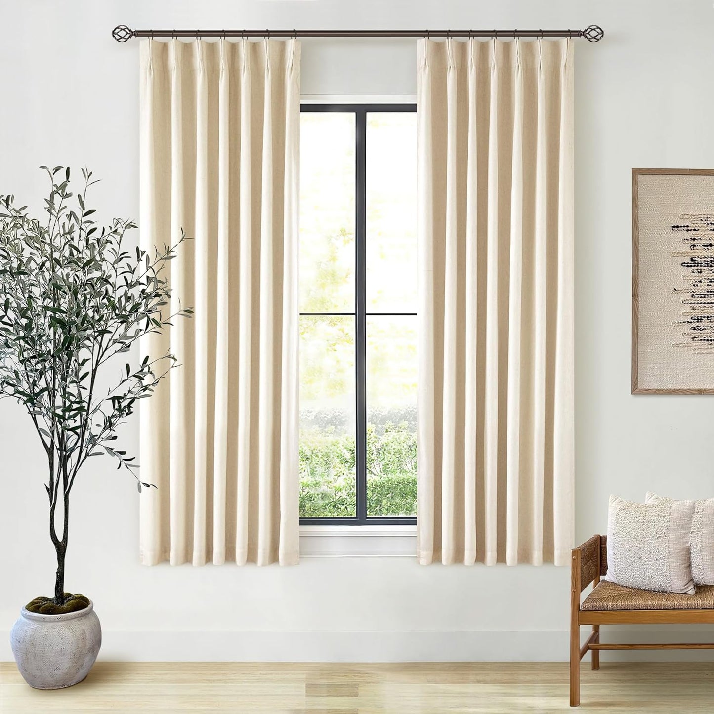 Cream Short Linen Curtains for Small Window 2 Panel Set Kitchen Curtains 45 Inch Length Pinch Pleated Back Tab 100% Blackout Natural Linen Room Darkening Thermal Insulated Drapes for Cafe Bathroom