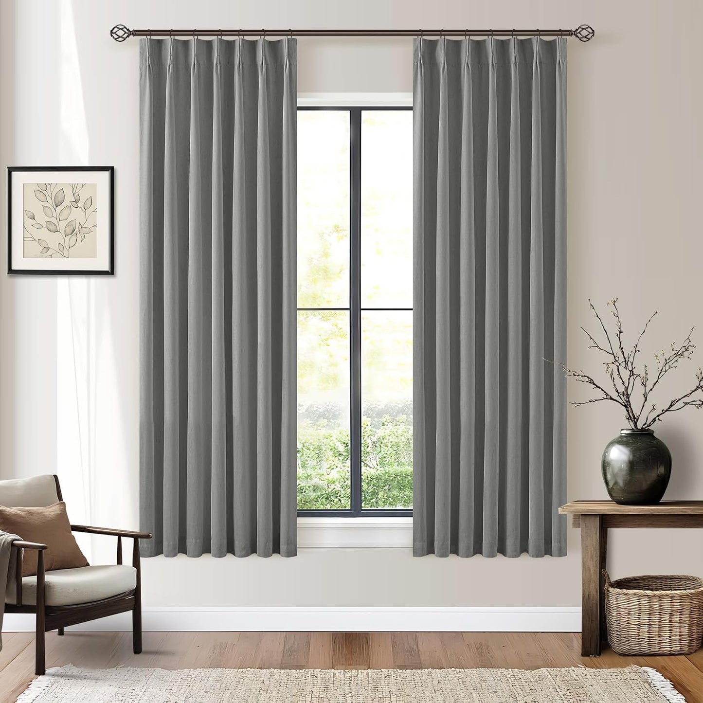 Cream Short Linen Curtains for Small Window 2 Panel Set Kitchen Curtains 45 Inch Length Pinch Pleated Back Tab 100% Blackout Natural Linen Room Darkening Thermal Insulated Drapes for Cafe Bathroom